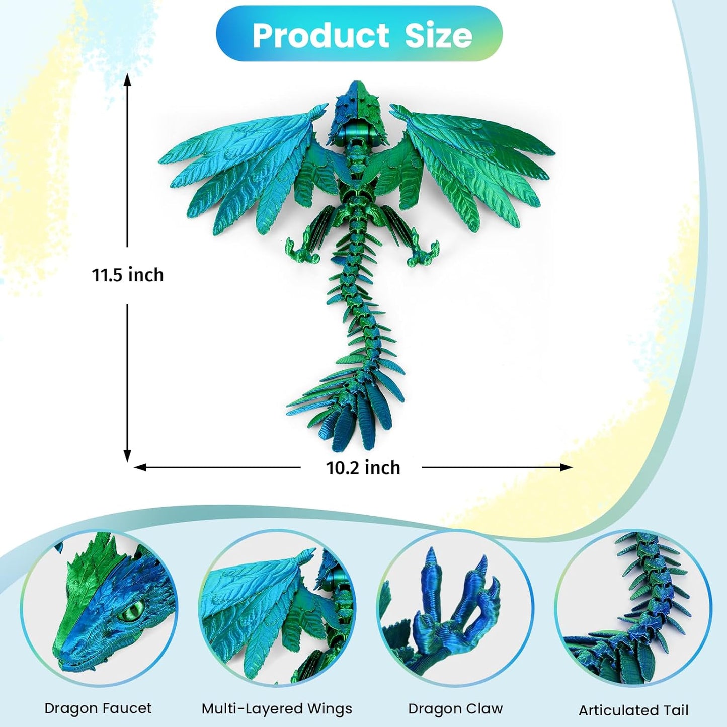 3D Printed Dragon with Wings,3D Printed Animals Toy,3D Printed Flexible Dragons,Crystal Dragon Fidget Toys,Full Articulated Dragon Crystal Dragon ,Adults Fidget Toys for Autism ADHD,Home Office Decor