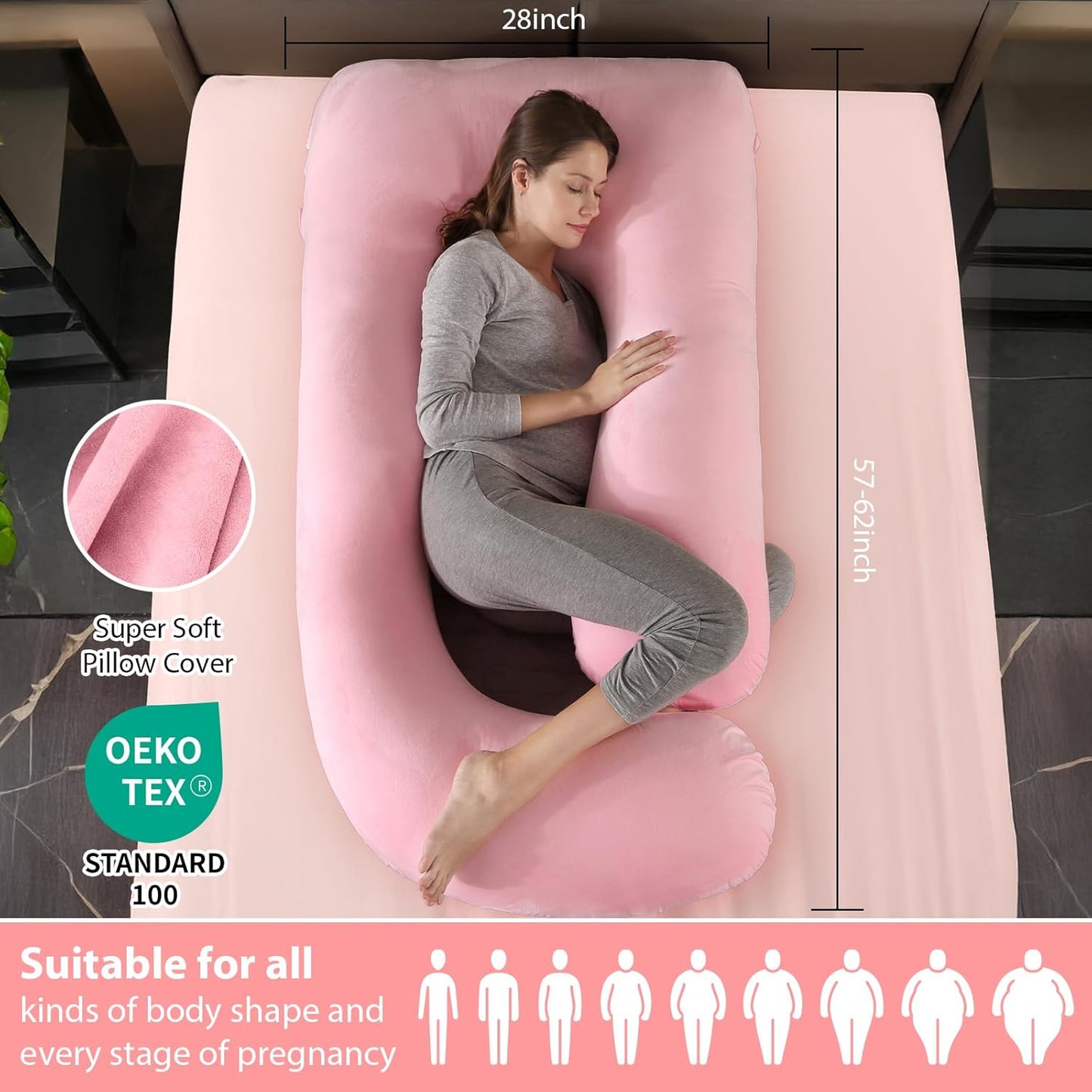 BATTOP Pregnancy Pillows for Sleeping- Ultra Soft Full Body Maternity Pillow, U-Shaped Pregnancy Pillow for Side Sleepers with Removable Cover, Supports Back, HIPS, Belly & Legs (Pale Pink)