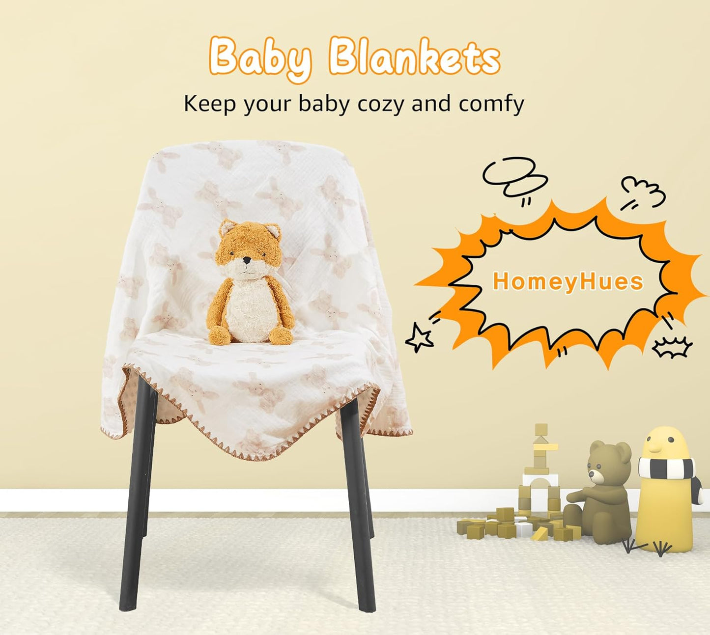 Baby Blanket Double Layer Cotton 40 x 40 Soft Receiving Blanket with Pattern Machine Washable Bunny