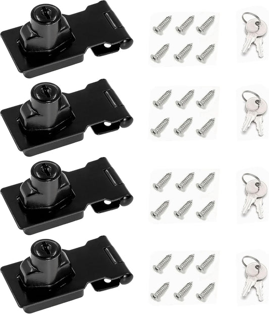 2.5 Inch Keyed Hasp Lock for Cabinets & Small Doors, Twist Knob Design, Heavy Duty Zinc Alloy with Chrome-Plated Iron, Includes Keys & Screws - Black, 4 Pack