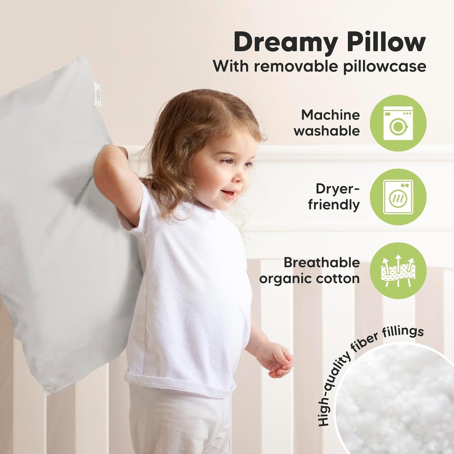 KeaBabies Toddler Pillow with Pillowcase, Jumbo 14X20 - Soft Organic Cotton Toddler Pillows for Sleeping - Machine Washable - Perfect for Travel, Toddler Bed Set (French Gray)