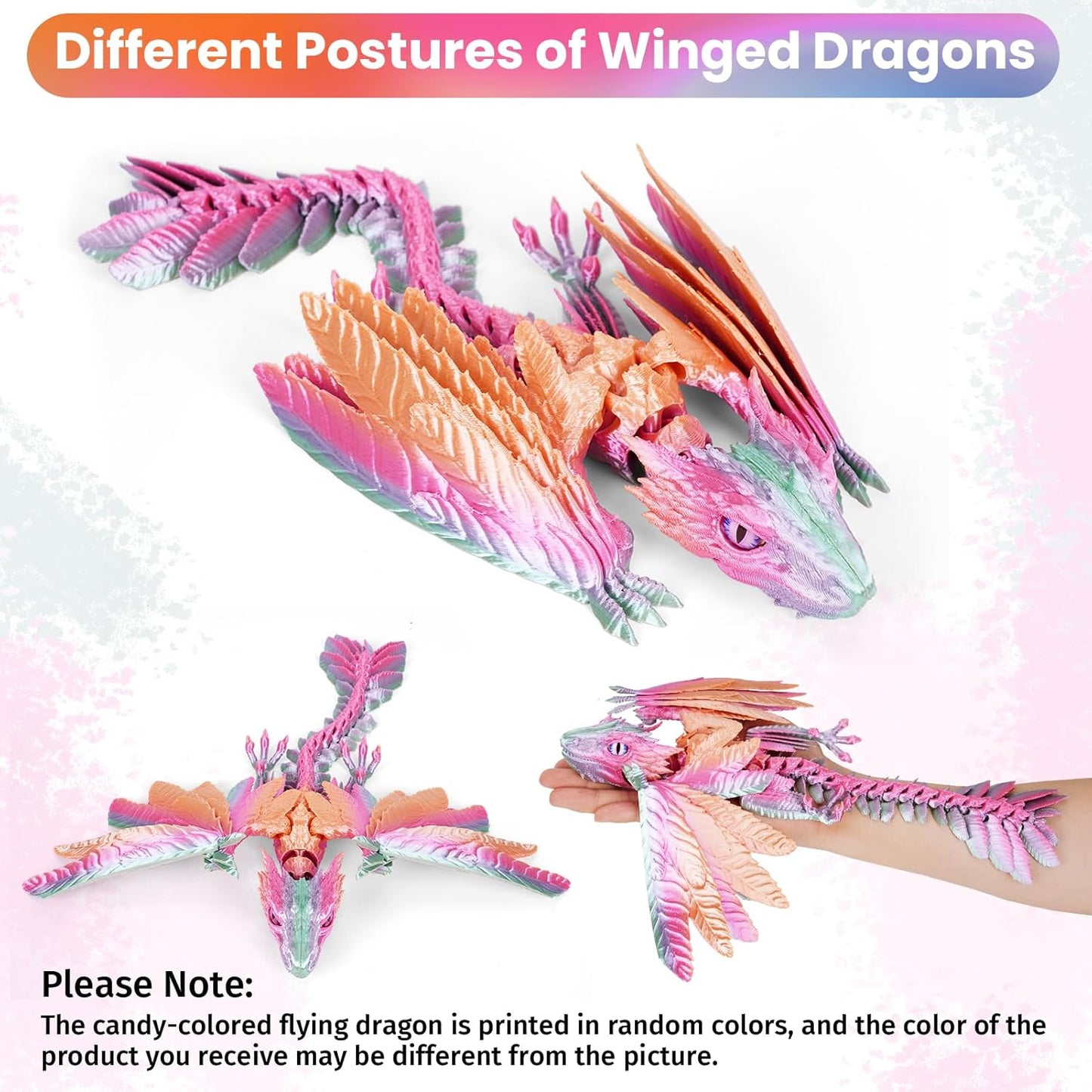 3D Printed Dragon with Wings,3D Printed Animals Toy,Crystal Dragon Fidget Toys,Full Articulated Dragon Crystal Dragon,Adults Fidget Toys for Autism ADHD