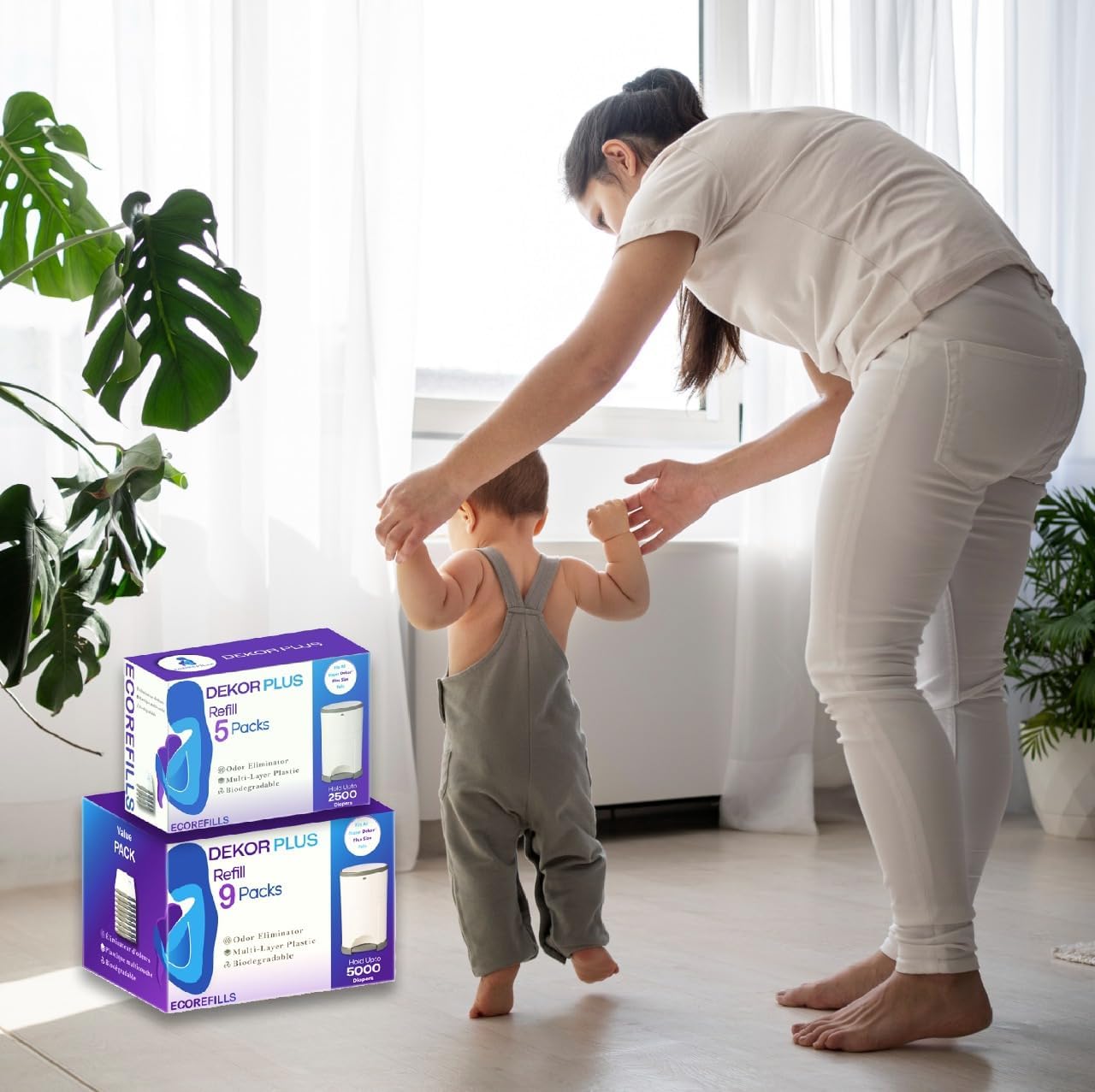 ECO-REFILLS Diaper Pail Refills - Fits Dekor PLUS Extra Thick, Powerful Odor Elimination & Fresh Powder Scent | Easy to Replace and Dispose of Diaper Bag (5 Count (Pack of 1))