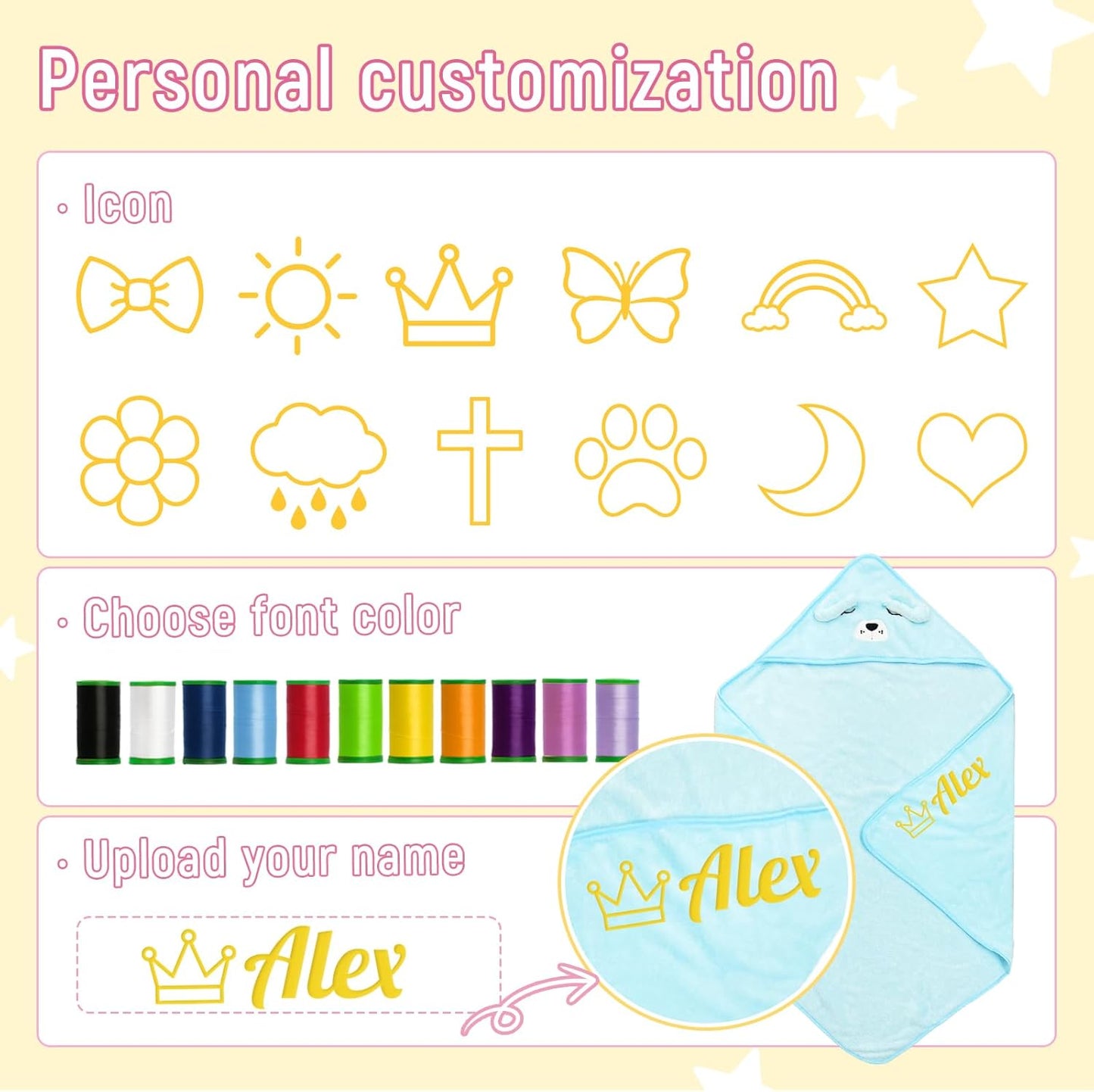 Personalized Baby Towels Hooded with Name, Custom Toddler Bath Towel with Hood for Girl Boy, Warm Swaddle Blanket, Customized Newborn Gifts - Embroidered (Grey Elephant)