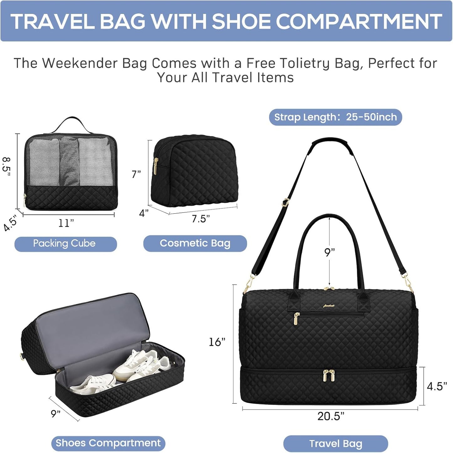 Travel Weekender Duffle Bag for Women - Overnight Bag with Shoe Compartment Carry on Bag with Toiletry Bag Gym Duffel Bag with Wet Pocket Hospital Bags for Labor and Delivery 3 Pcs Set Black