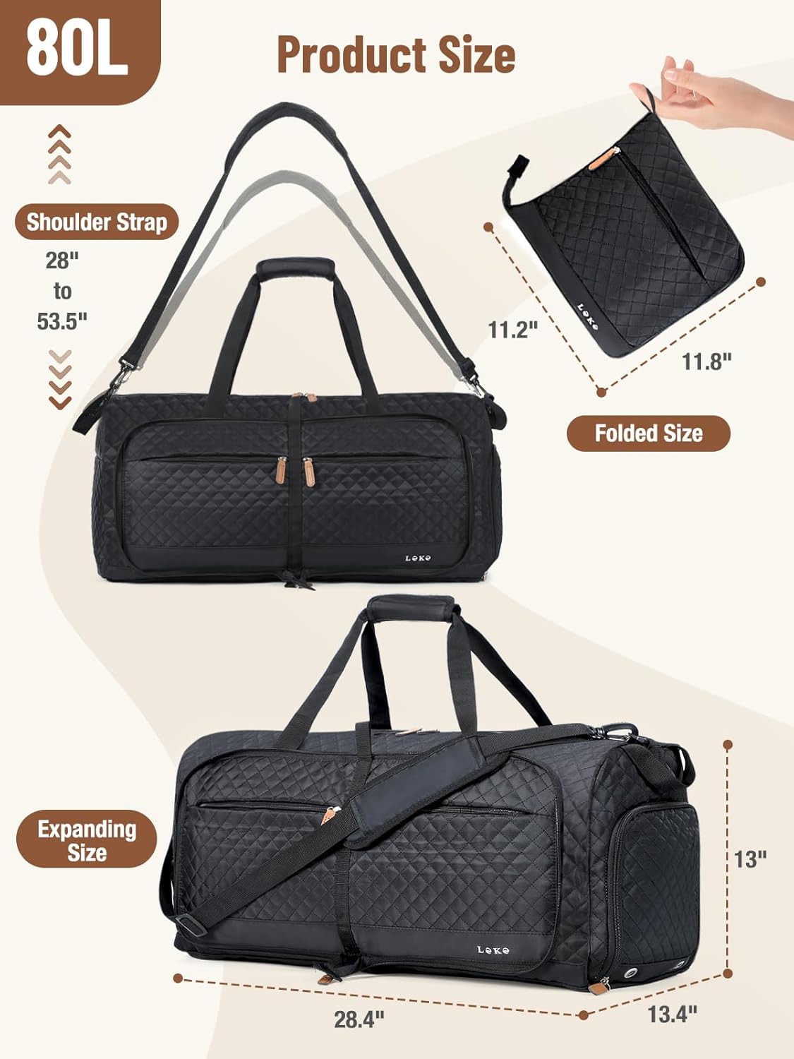 Lekesky Foldable Travel Duffel Bag for Women, 80L Large Duffle Bag with Separate Shoes Compartments & Straps, Carry On Weekend Bag for Women, Hospital, Overnight(Black Quilted)