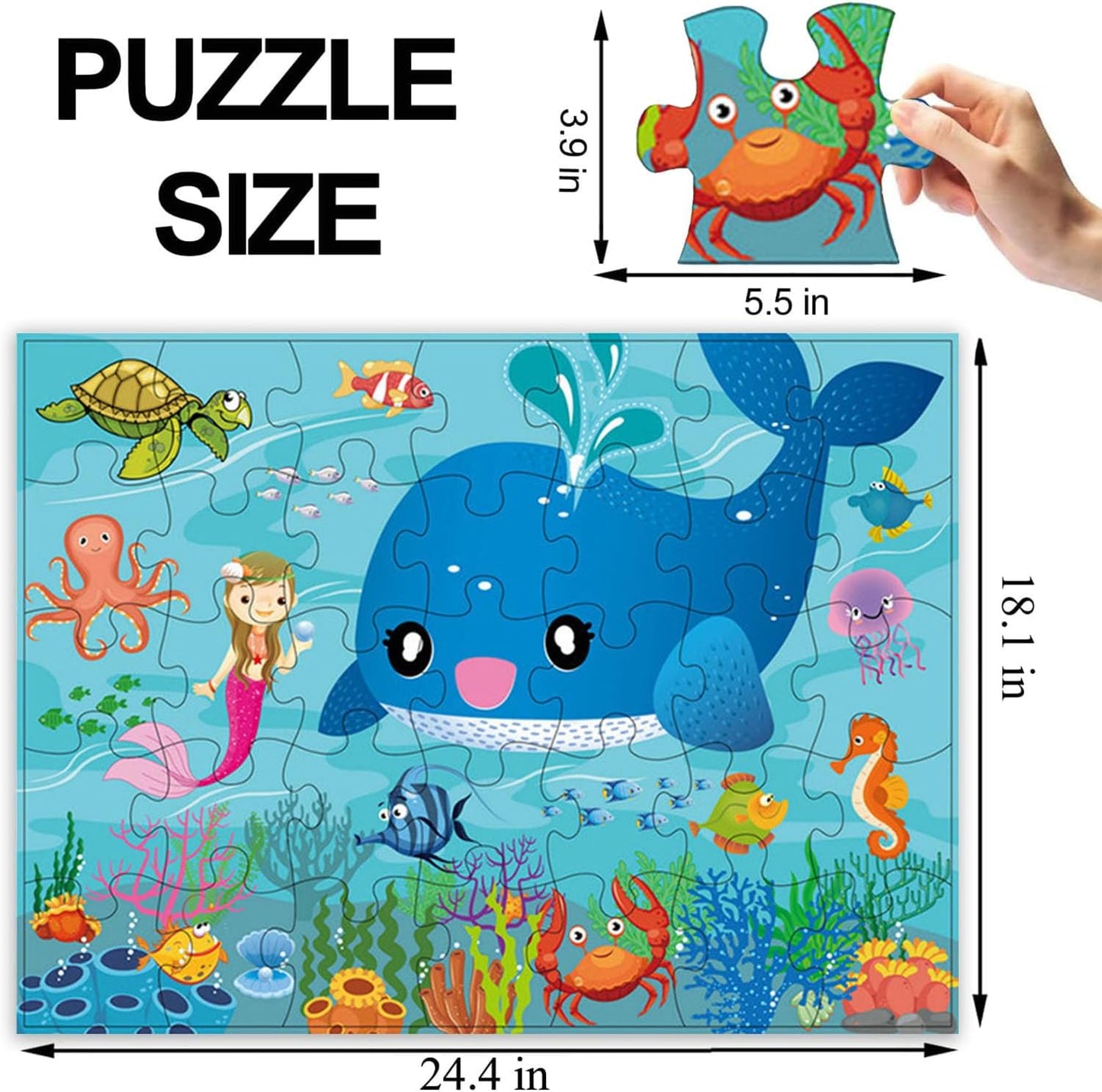 Jumbo Floor Puzzle for Kids, Large Jigsaw Puzzles 35 Piece for Kids Ages 3-5,Preschool Learning & Education Toys, Gifts for 4-8 Year Old Boys and Girls (Marine Animals)