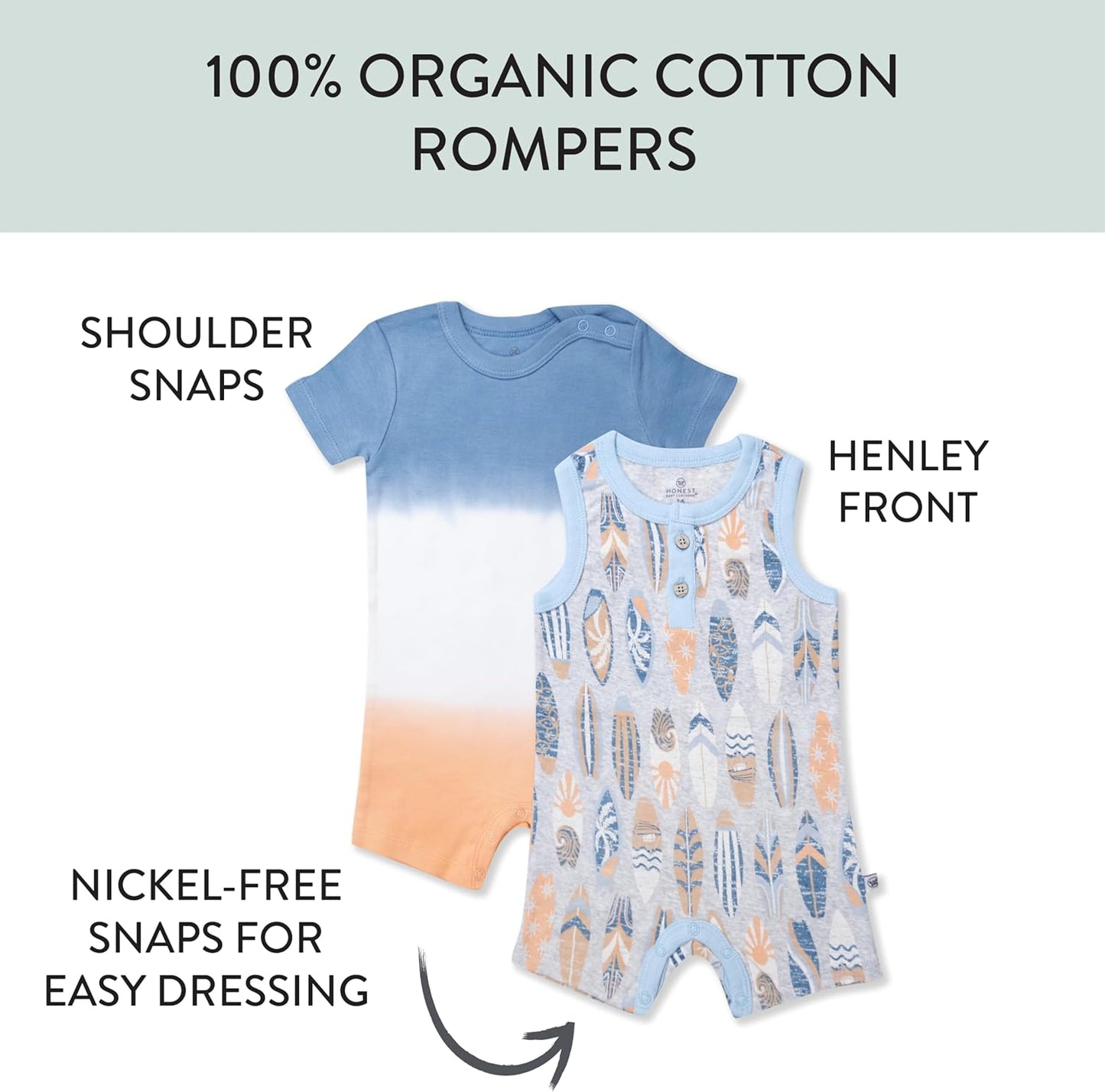 HonestBaby Short Sleeve and Tank Romper 100% Organic Cotton for Infant Baby and Toddler Boys
