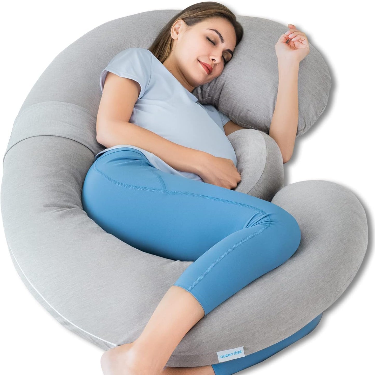 QUEEN ROSE Pregnancy Pillows - E Shaped Pregnancy Pillows for Sleeping, with Pregnancy Wedge Pillows for Belly Support, 60 inch Maternity Body Pillow, Breathable Jersey Cover,Grey