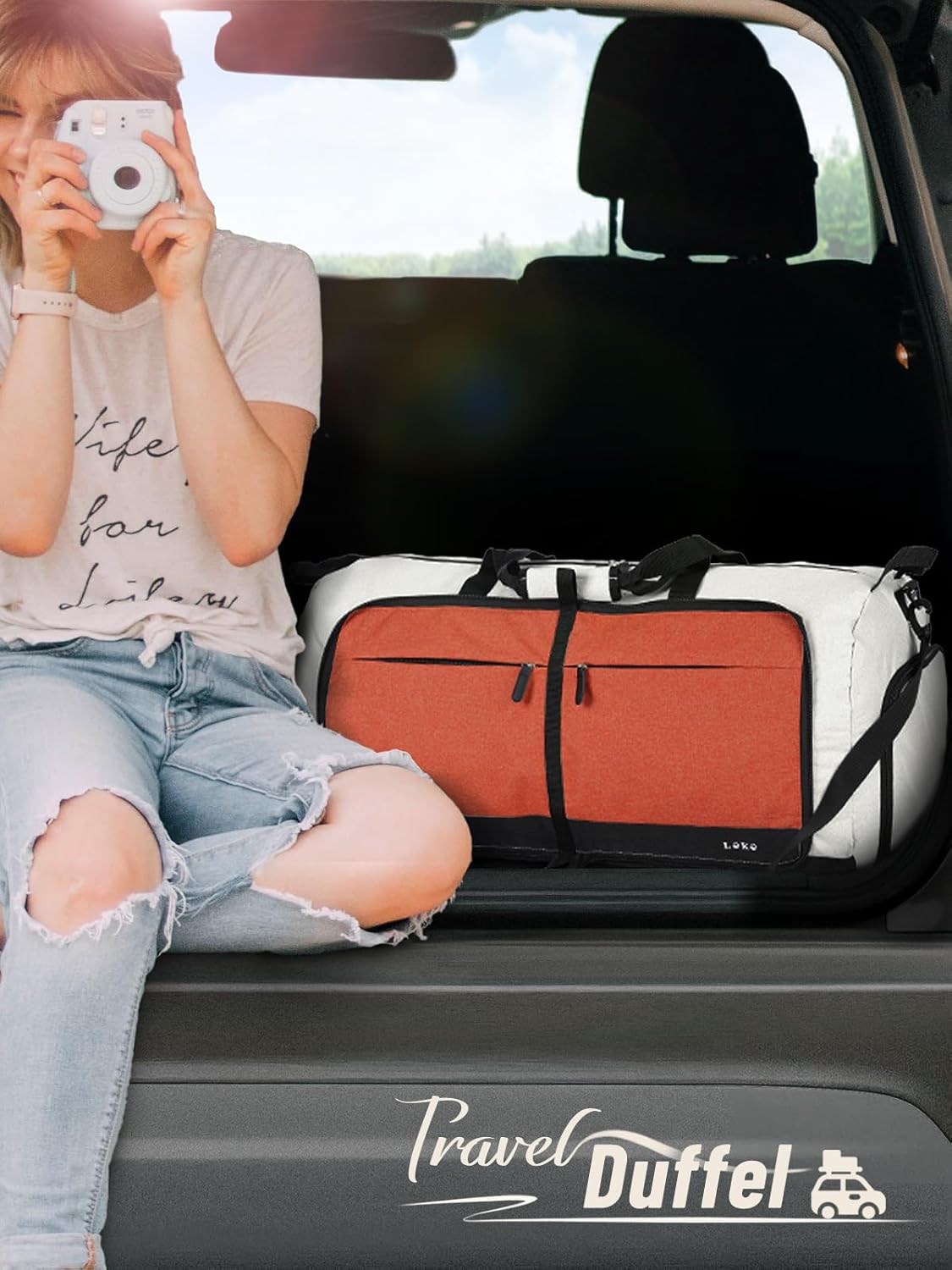 Lekesky Foldable Travel Duffle Bag for Women, Large Duffel Bag with Separate Shoes Compartments & Straps, Carry On Weekend Bag for Women, Hospital, Overnight (Cinnamon & Camel, 80L)