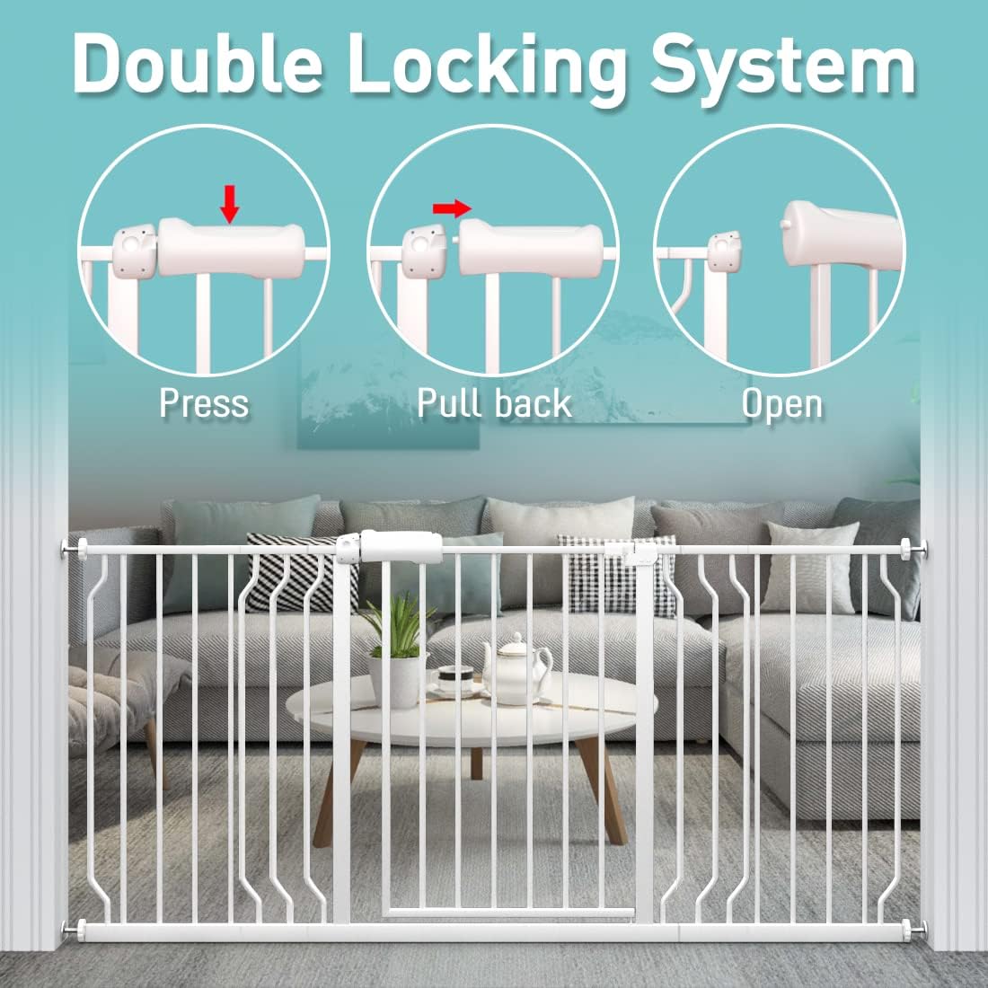 WAOWAO Baby Gate 43.31-48.00" Extra Wide Pressure Mounted Walk Through Swing Auto Close Safety White Metal Toddler Kids Child Dog Pet Puppy for Stairs,Doorways,Kitchen