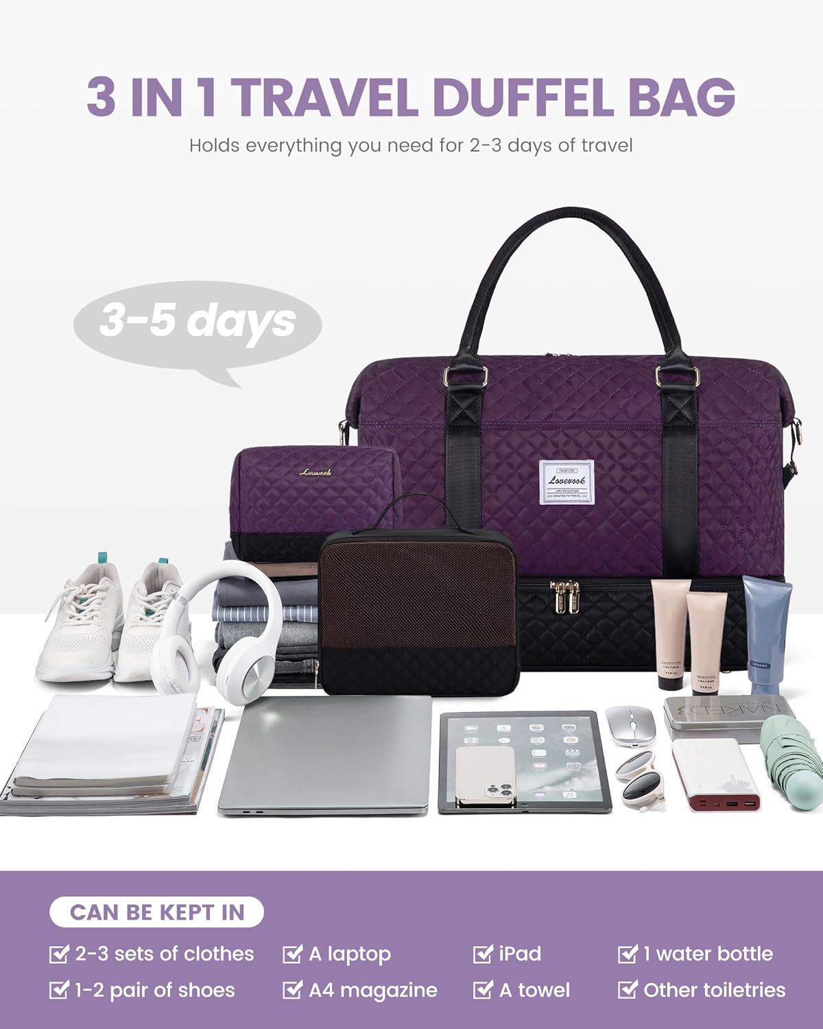 LOVEVOOK Travel Weekender Bag for Women, Carry on Overnight Bag with Shoe Compartment, Travel Duffle Bag Women, Yoga Gym Duffel Bag with Wet Pocket, Hospital Bags for Labor and Delivery, 3 Pcs Set