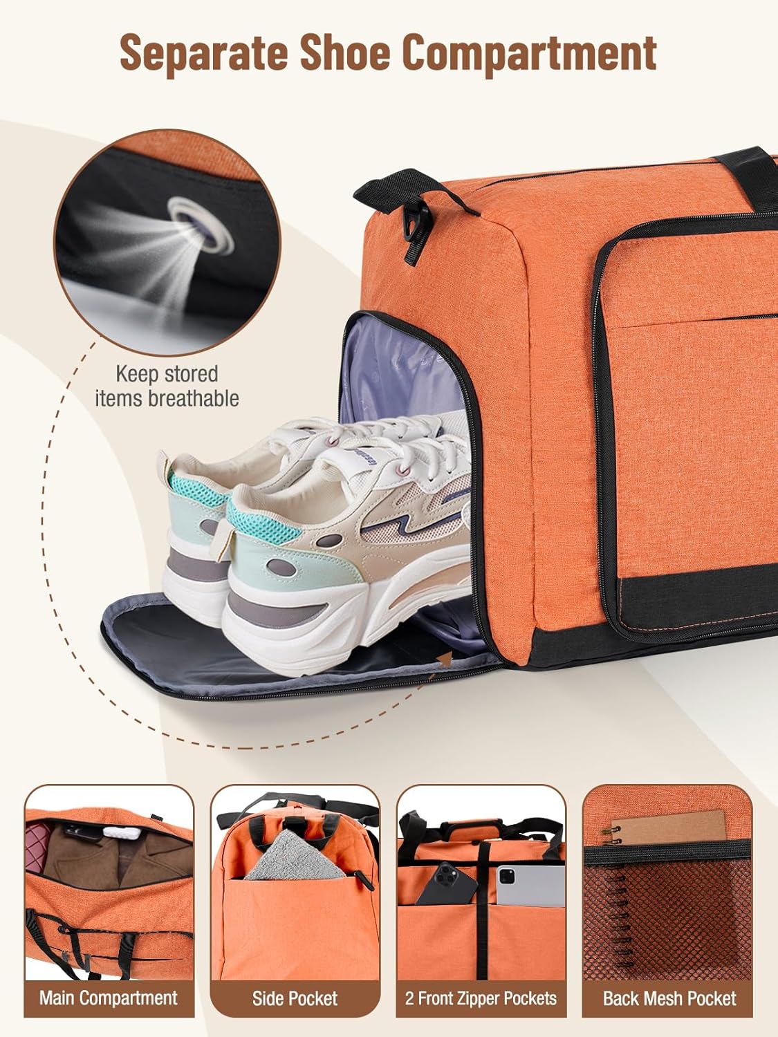 Lekesky Foldable Travel Duffel Bag for Women, 80L Large Duffle Bag with Separate Shoes Compartments & Straps, Carry On Weekend Bag for Women, Hospital, Overnight(Orange)