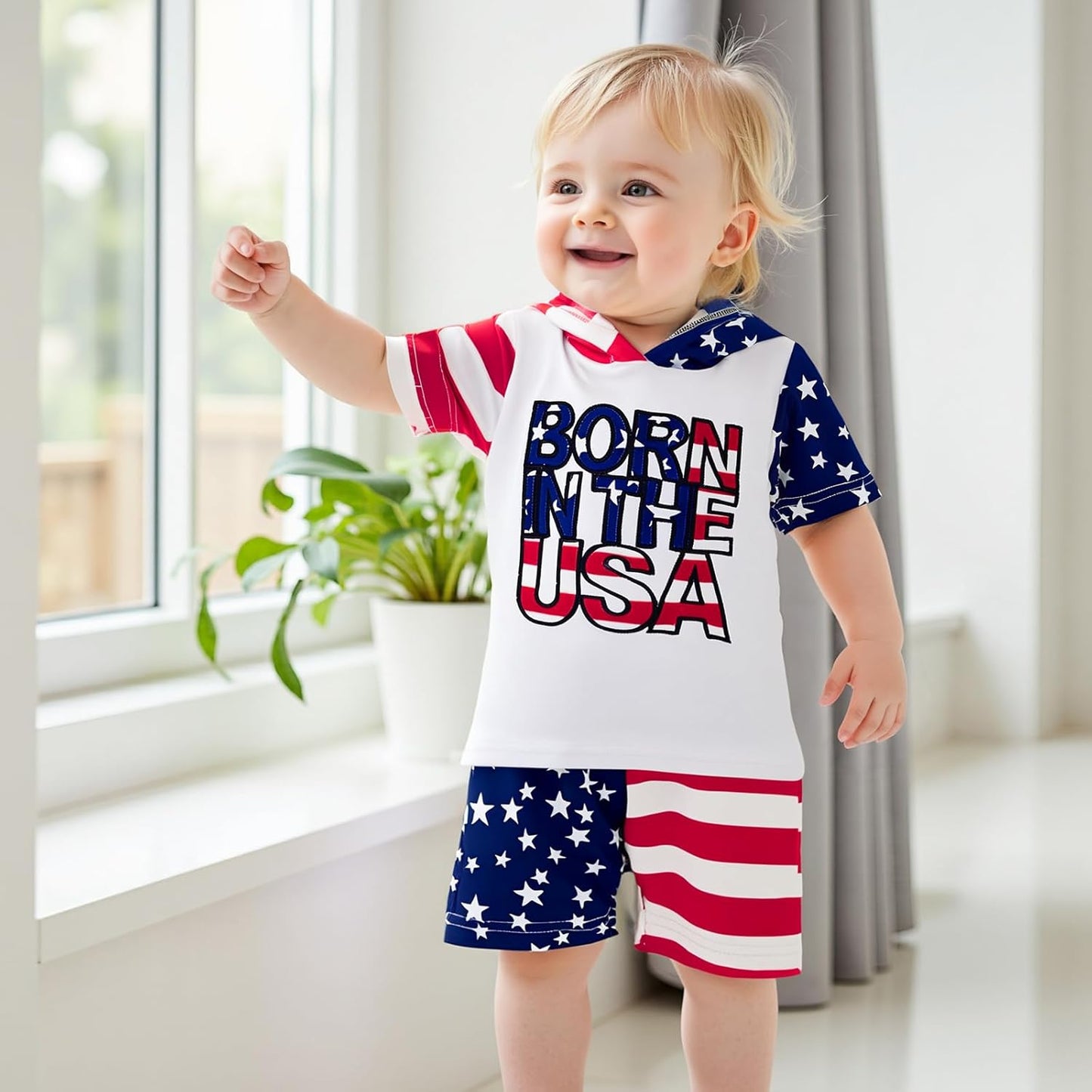 Toddler Baby Boy Summer Hooded Outfit Contrast Color Short Sleeve T Shirt Top Elastic Shorts Summer Clothes Set