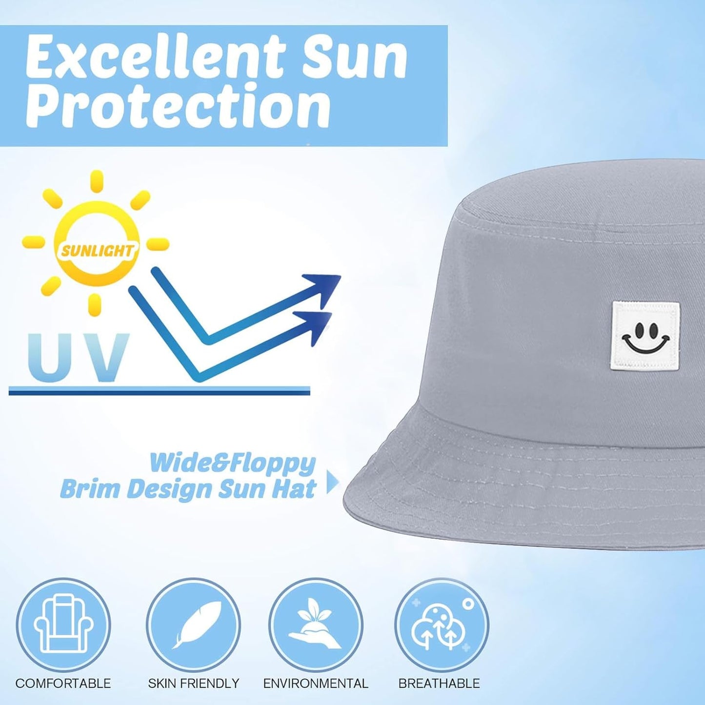 Kids Sun Hat Smile Face Bucket Hat for Girls Boys Summer Sun Protection Cotton Unisex Beach Cap
