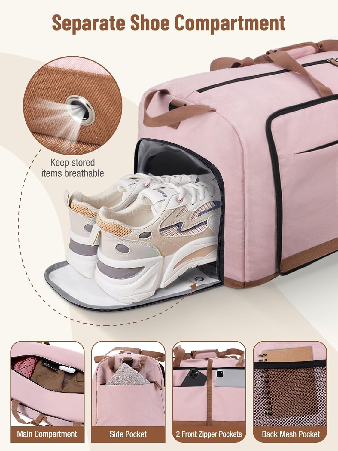 Lekesky Foldable Travel Duffel Bag for Women, 80L Large Duffle Bag with Separate Shoes Compartments & Straps, Carry On Weekend Bag for Women, Hospital, Overnight(Pink)