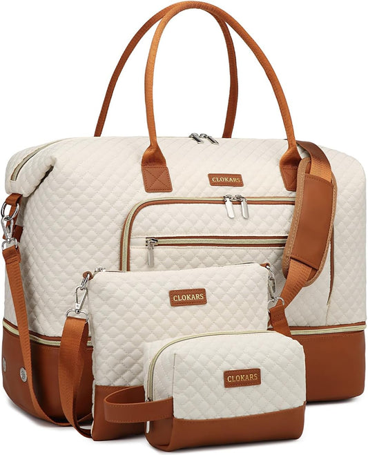 Weekender Bags for Women, Travel Duffle Bag Carry On Overnight Bag with Cosmetics Bag and Crossbody Purse for Gym Hospital, Gifts for Women, Beige Brown