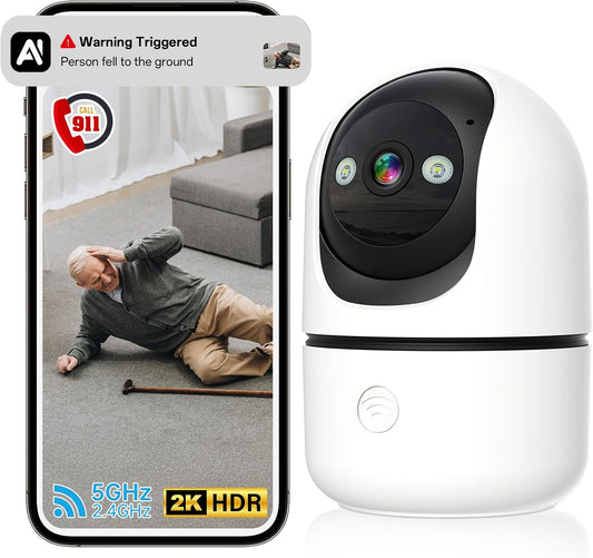 Indoor Security Camera - 5G&2.4G WiFi Cameras for Home Security Indoor One-Tap Call 911, 2K 360°Pan/Tilt AI Motion Detection Nanny/Baby/Pet/Dog Camera with Phone App/Speaker/US Cloud/IR Night Version