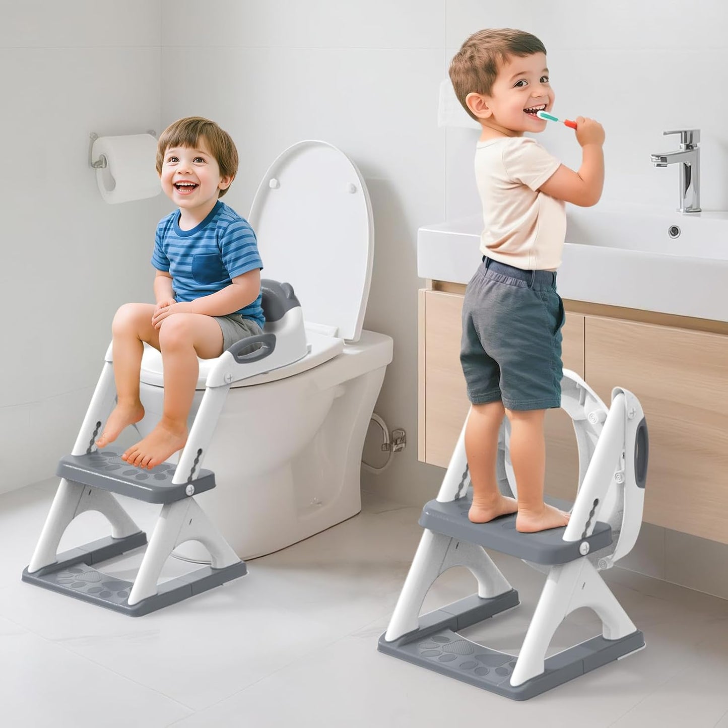 SKYROKU Potty Training Seat for Toddlers – 2-in-1 Adjustable Potty Ladder with Step Stool, Anti-Slip Cushion, Splash Guard & Extra-Wide Pedals, Supports 200+ lbs, Ideal for Boys & Girls
