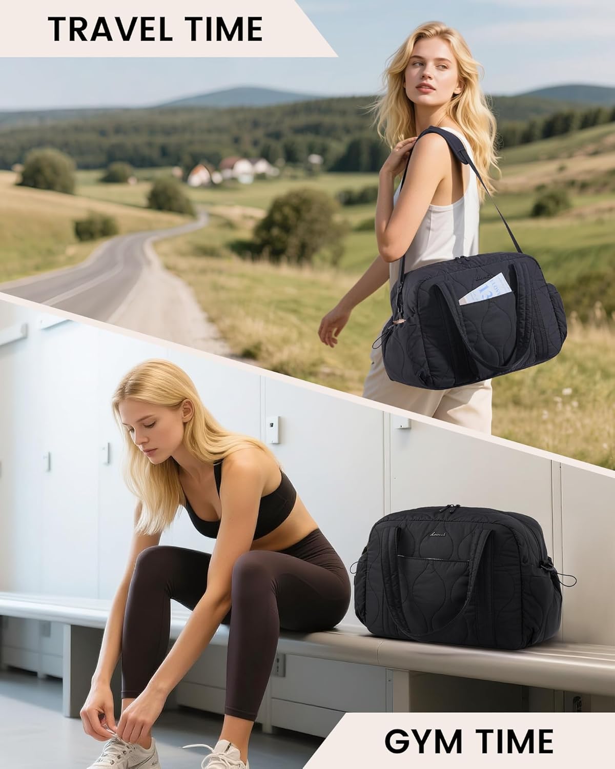 LOVEVOOK Gym Bag for Women, Puffer Travel Duffle Bag with Wet Pocket, Lightweight Carry On Bag Weekender Overnight Bag with Toiletry Bag, Multiple Pockets Personal Item Travel Bag for Airplanes