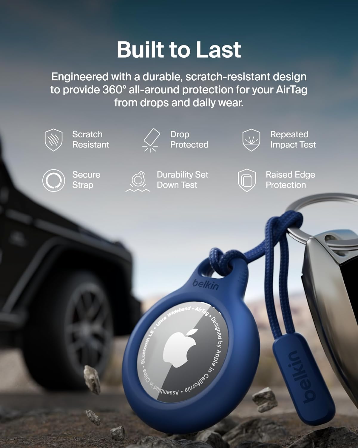 Belkin Apple Airtag Secure Holder With Strap - Apple Air Tag Keychain - Airtag Holder With Strap For Key Ring - Airtag Keychain Accessories - Scratch Resistant Airtag Case With Raised Edges - Blue