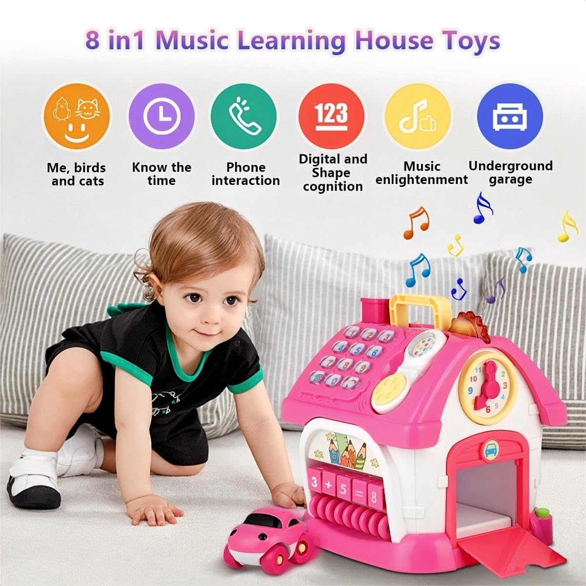 OKREVIEW Toys for 1+ Year Old Girls - Montessori Musical Toys for Toddlers Age 1-2, 8-in-1 Multi-Functional Music House with Sound, Lights, Music, Great Gifts for 1+ Year Old Girls Birthday Xmas