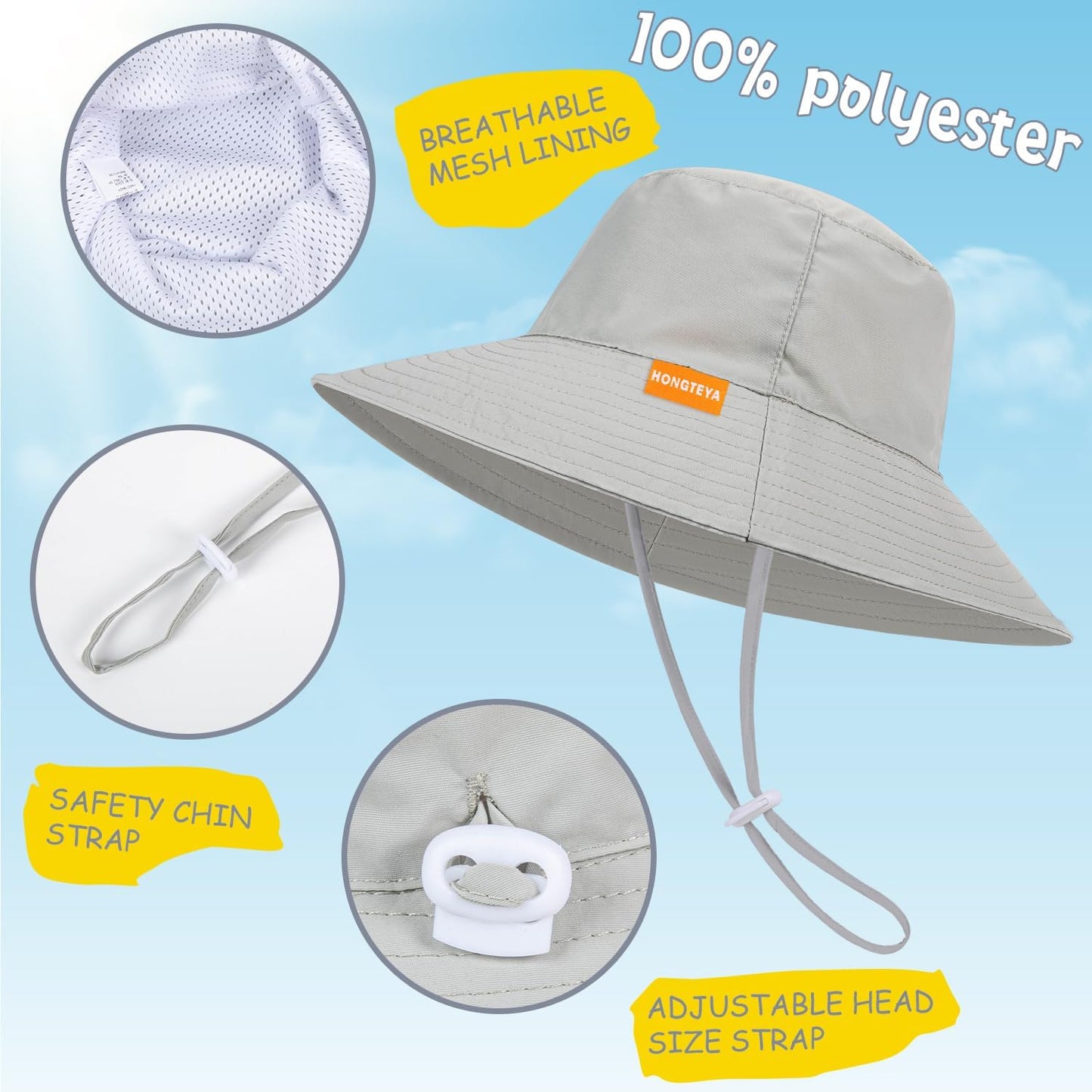 Baby Sun Hat Kids Summer UPF 50+ Toddler Bucket Hat Wide Brim Adjustable Beach Hats for Boys Girls Age 0-6 Years