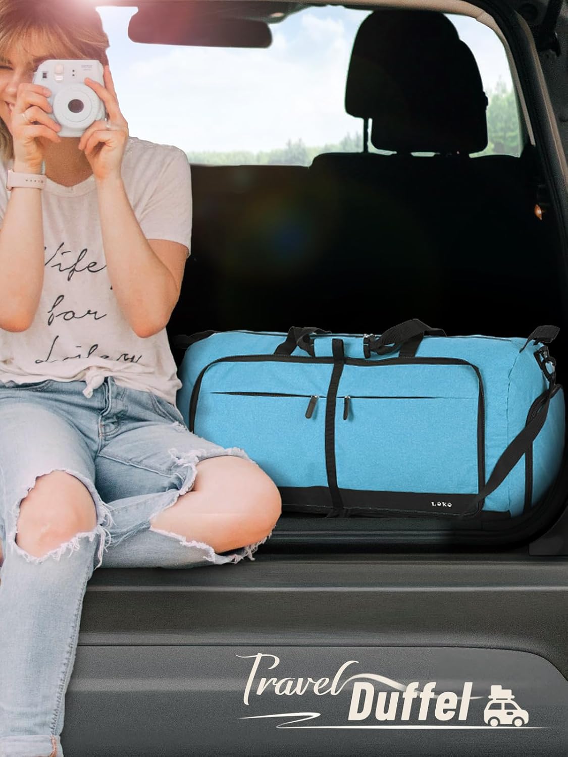 Lekesky Foldable Travel Duffel Bag for Women, 80L Large Duffle Bag with Separate Shoes Compartments & Straps, Carry On Weekend Bag for Women, Hospital, Overnight(Azure)