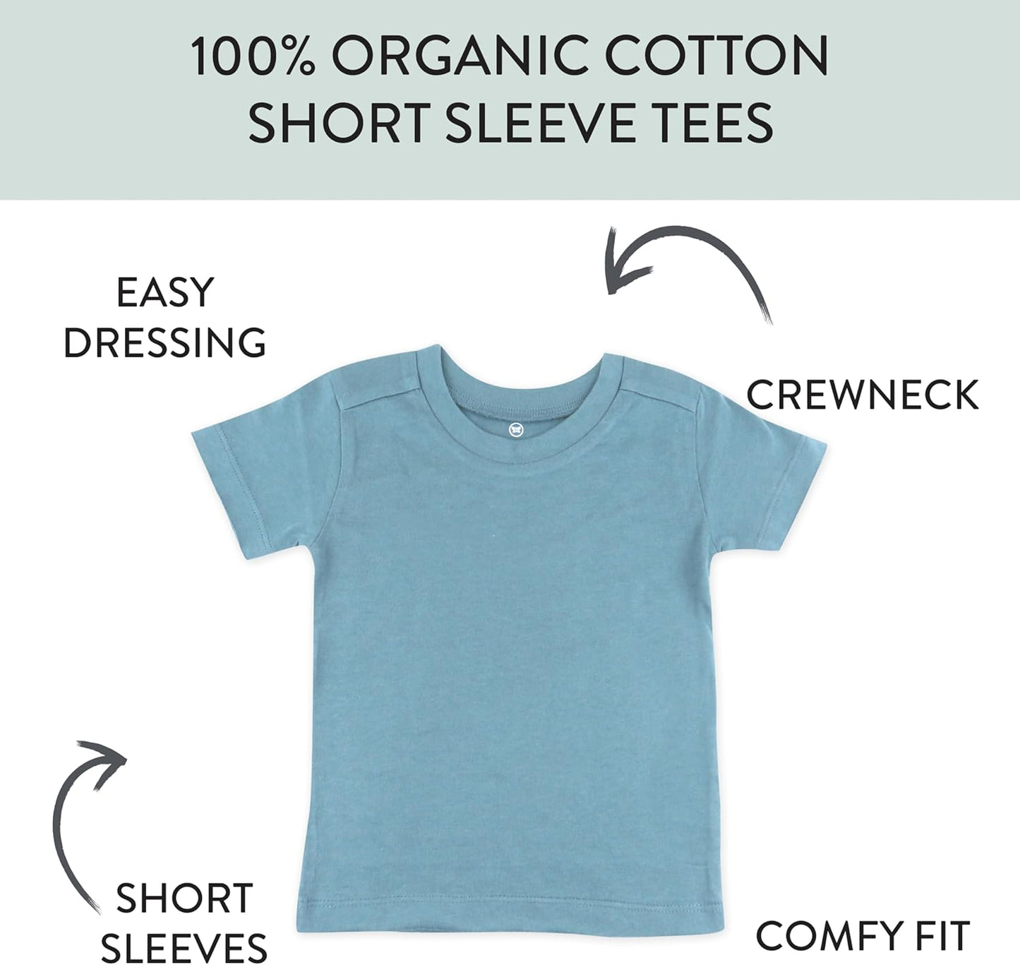 HonestBaby 5-Pack Short Sleeve T-Shirts 100% Organic Cotton Baby, Toddler, Little Kid, Boy, Girl, Unisex