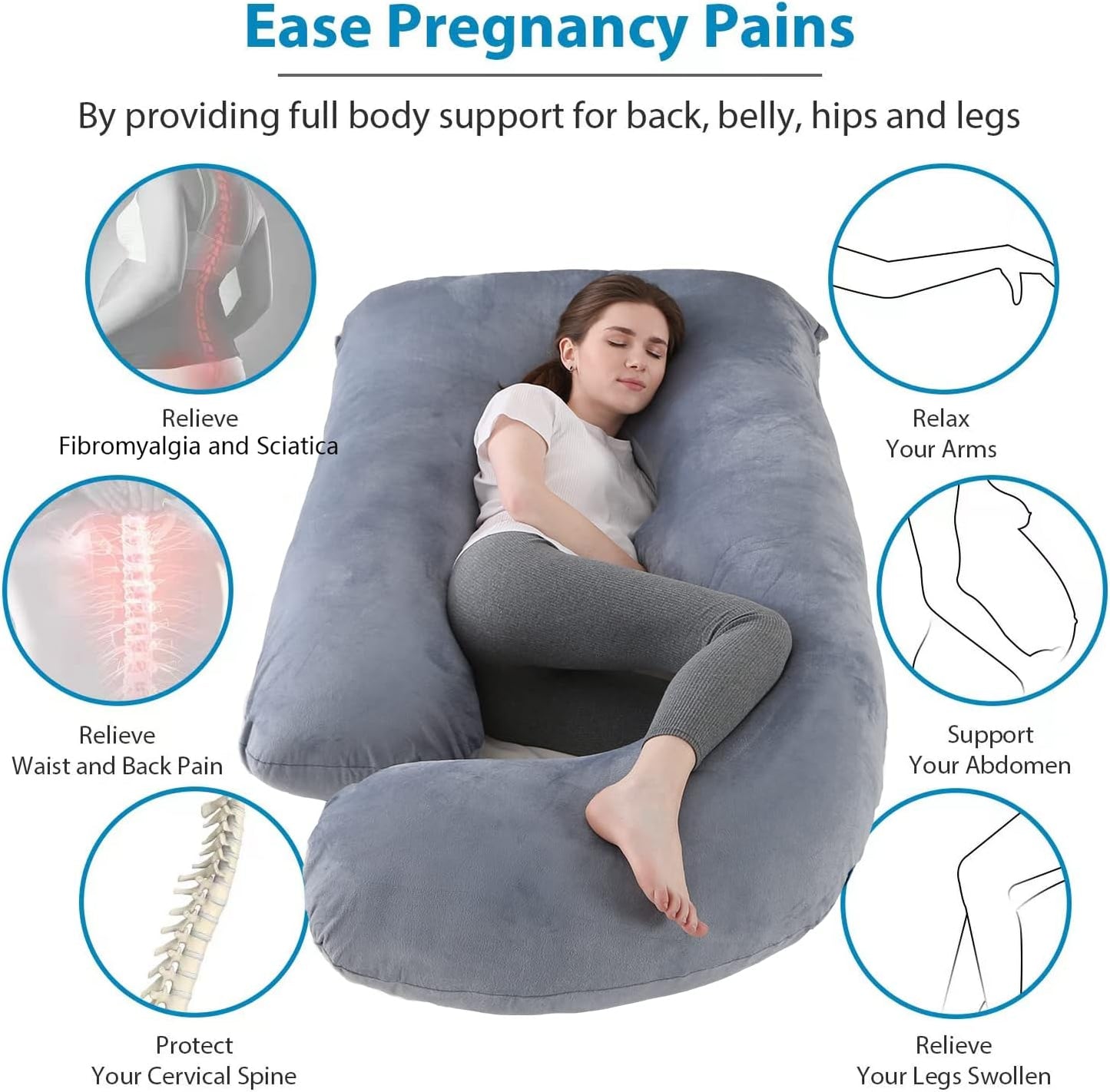 Pregnancy Pillow J-Shaped Full Body Pillow, 59 inch with Velvet Cover Easy to Remove and Wash, Support Pregnant Women's Backs Legs and HIPS, Improve Sleep,Pregnancy Pillow for Women ，Gray