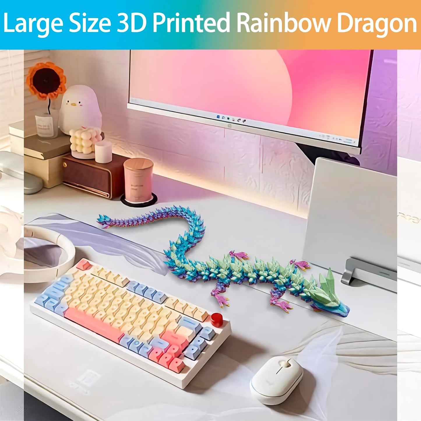 3D Printed Dragon, 3D Dragon,24 Inch 3D Printed Fidget Dragon, Bigger Fidget Crystal Dragon Toys, 3D Printed Articulated Dragon for Home Office Car Desk Decor Toys (Red Yellow Blue)