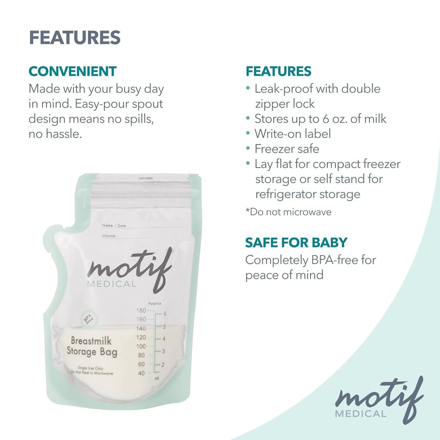 Motif Medical Breastmilk Storage Bags - Freezer Bag w/Easy Pour Spout, Write-On Label - Leak-Proof Double Zipper Milk Bags for Breastmilk - Breastfeeding Mom Gifts (6 oz, 300 Count)