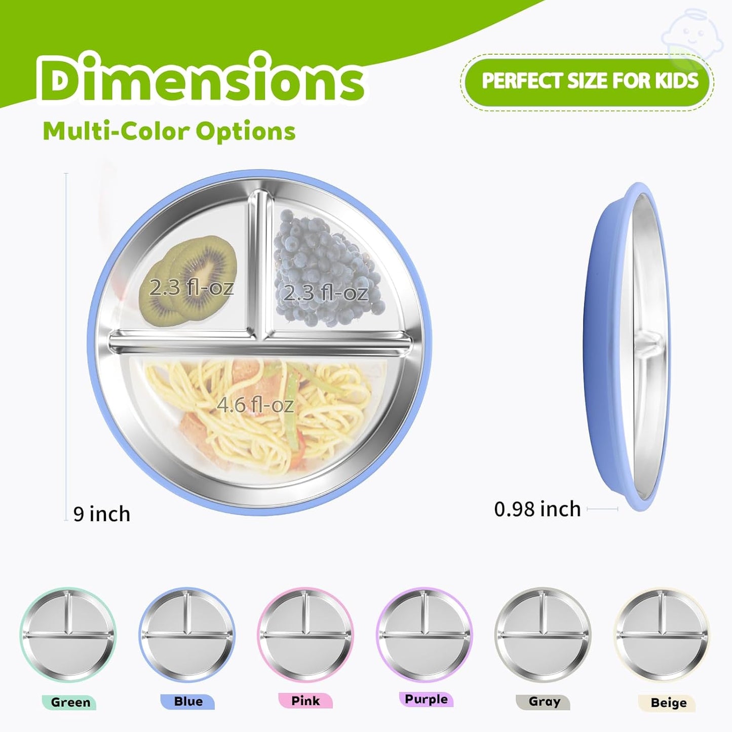 3-Pack Stainless Steel Baby Plates with Suction, BPA-Free Stainless Steel Kids Plates, 9” Divided Toddler Plate for Dishwasher Safe, Non-Slip Silicone Base, Detachable (Blue, Green, Purple)