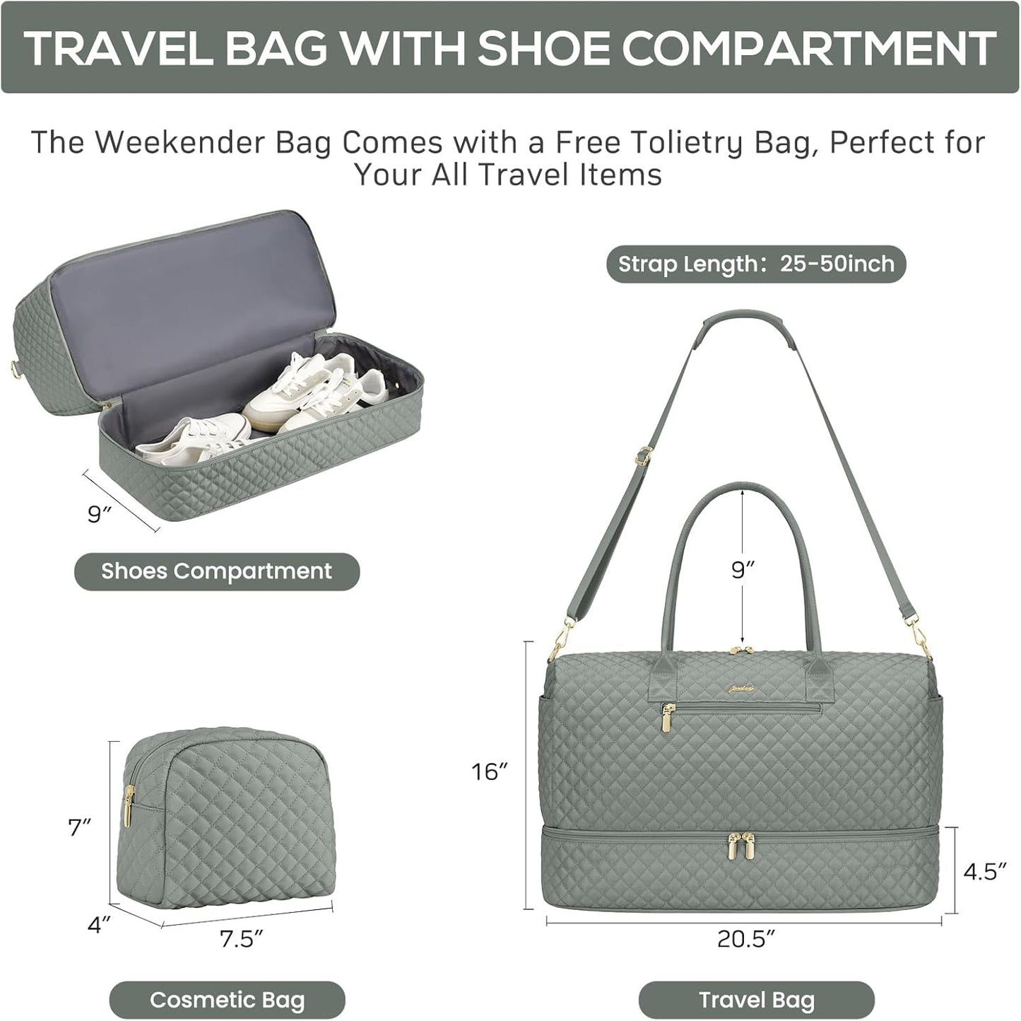 Travel Bag Weekender Bags for Women - Carry on Overnight Bag with Shoe Compartment Duffle Bag with Laptop Pocket Hospital Bag for Labor Delivery Gym Tote Bag with Toiletry Bag Dark Green