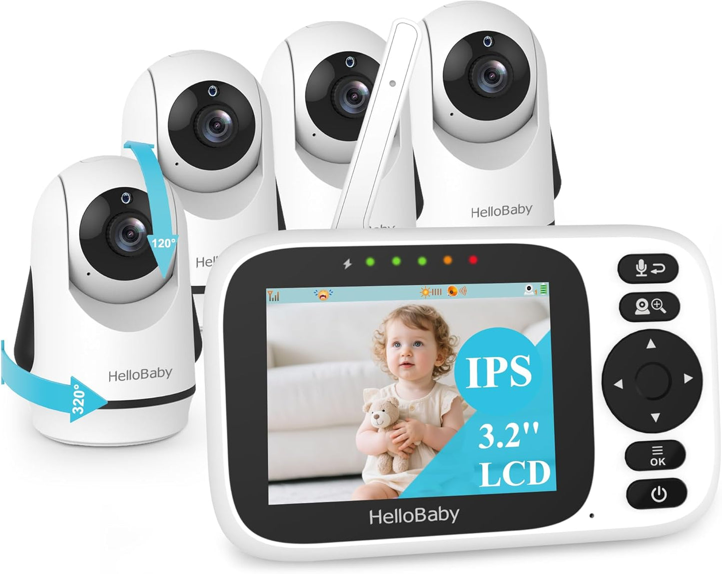 HelloBaby 3.2'' Baby Monitor 4 Cameras, Video Audio Baby Monitor No WiFi, Remote Pan-Tilt-Zoom, ECO, Night Vision, 2-Way Talk, 1000ft Range, 8 Lullabies and Temperature, Gifts for Parents and Babies