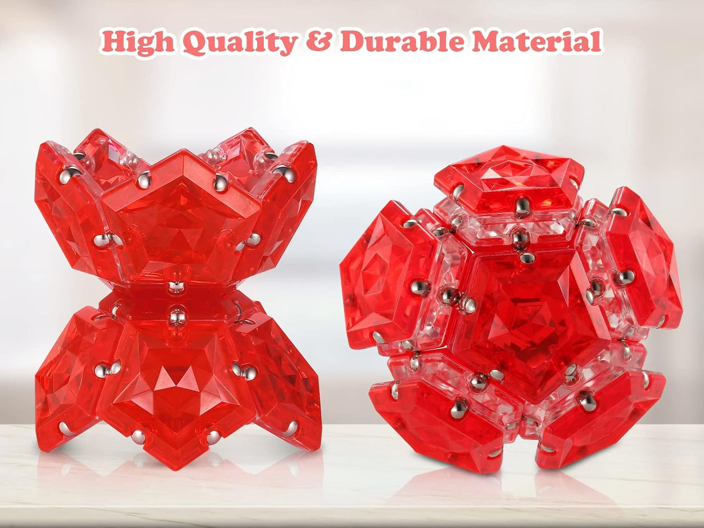 RoomyRoc Magnetic Fidget Sphere - Pentagons Magnets Balls - 12 Piece Set - Crystal Red - Magnet Fidgets Toy - Creativity Beyond Imagination, Inspirational, Recreational, Desk Toys for Adults