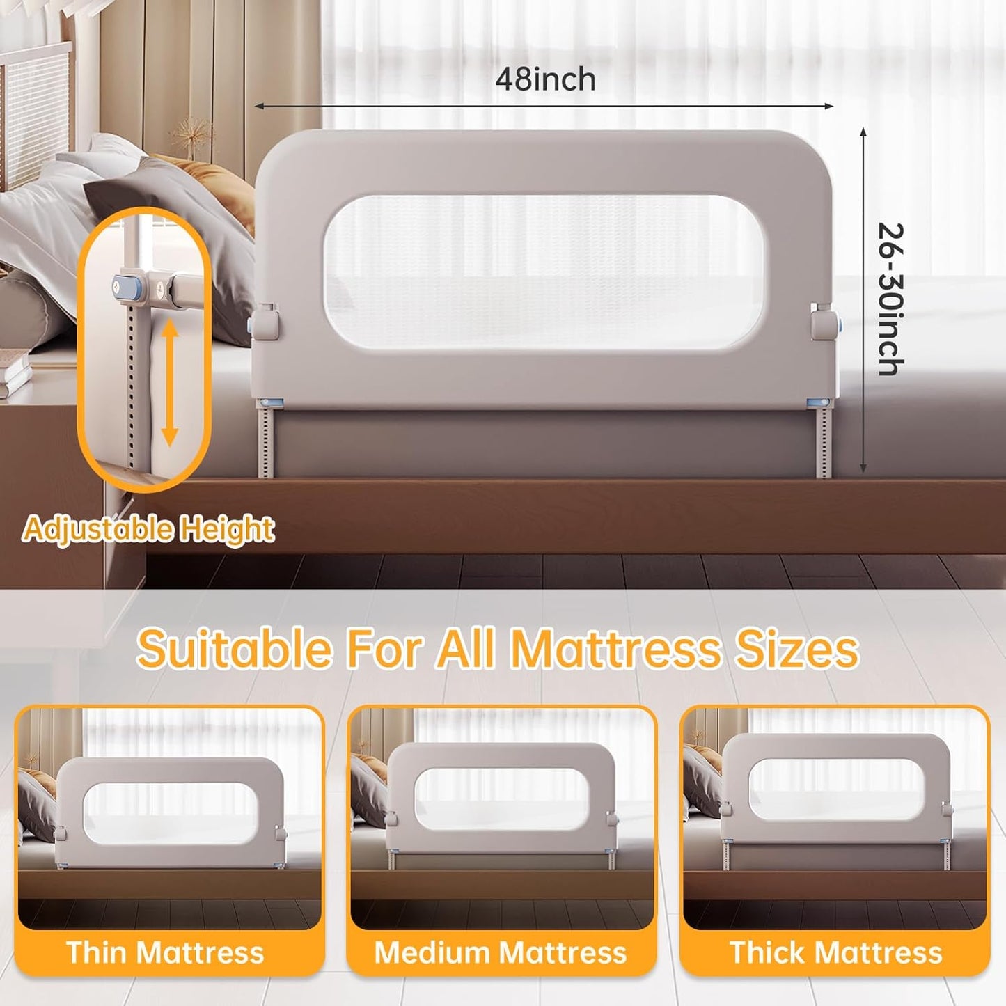 Baby Bed Guard Rail for Toddler - 48in Adjustable Heights, Swing Down Bedrail, Extra Tall Child Safety Side Railing Guards for Kids - Toddler Bed Rail for Queen, King, Twin, and Bunk Size Beds - Full