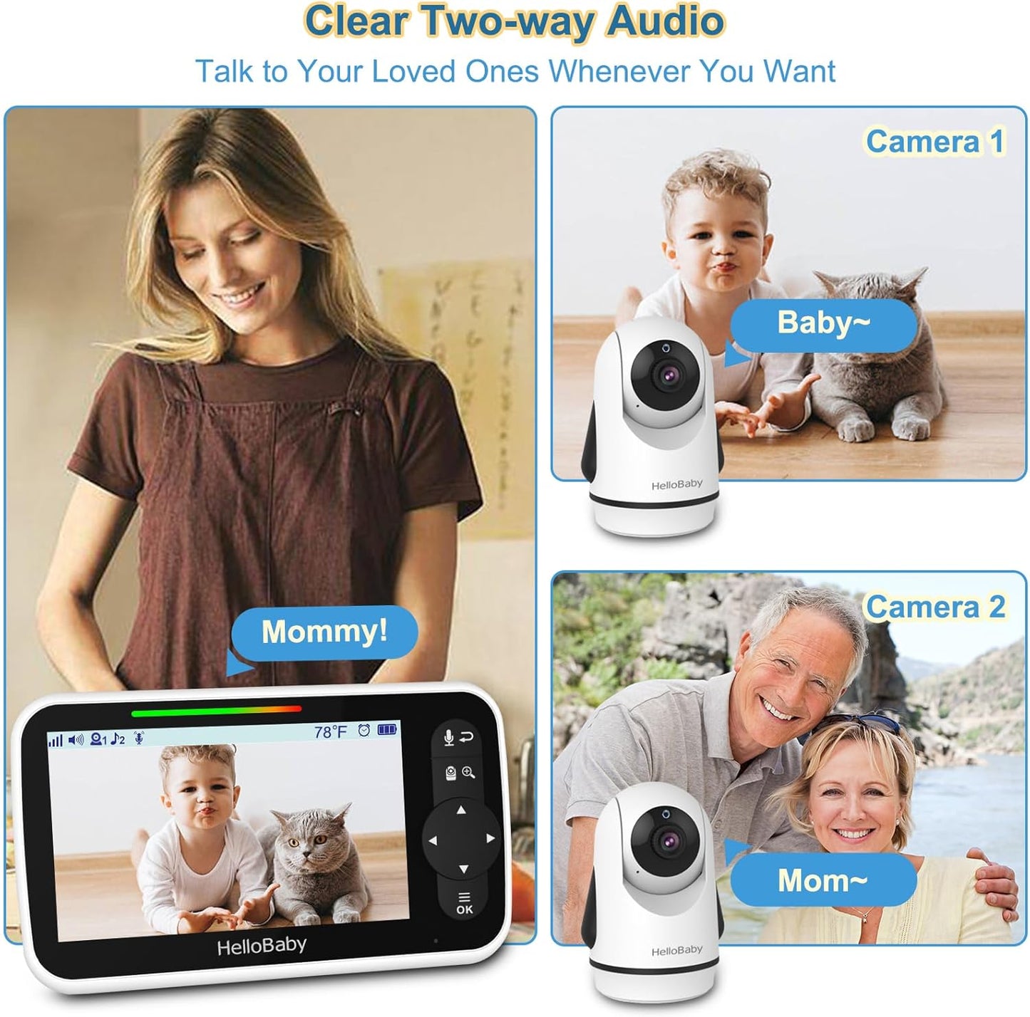 HelloBaby Video Baby Monitor with 2 Cameras and 5 Inch Split Screen Display, Remote Control Cameras with Night Vision and Temprature Monitoring