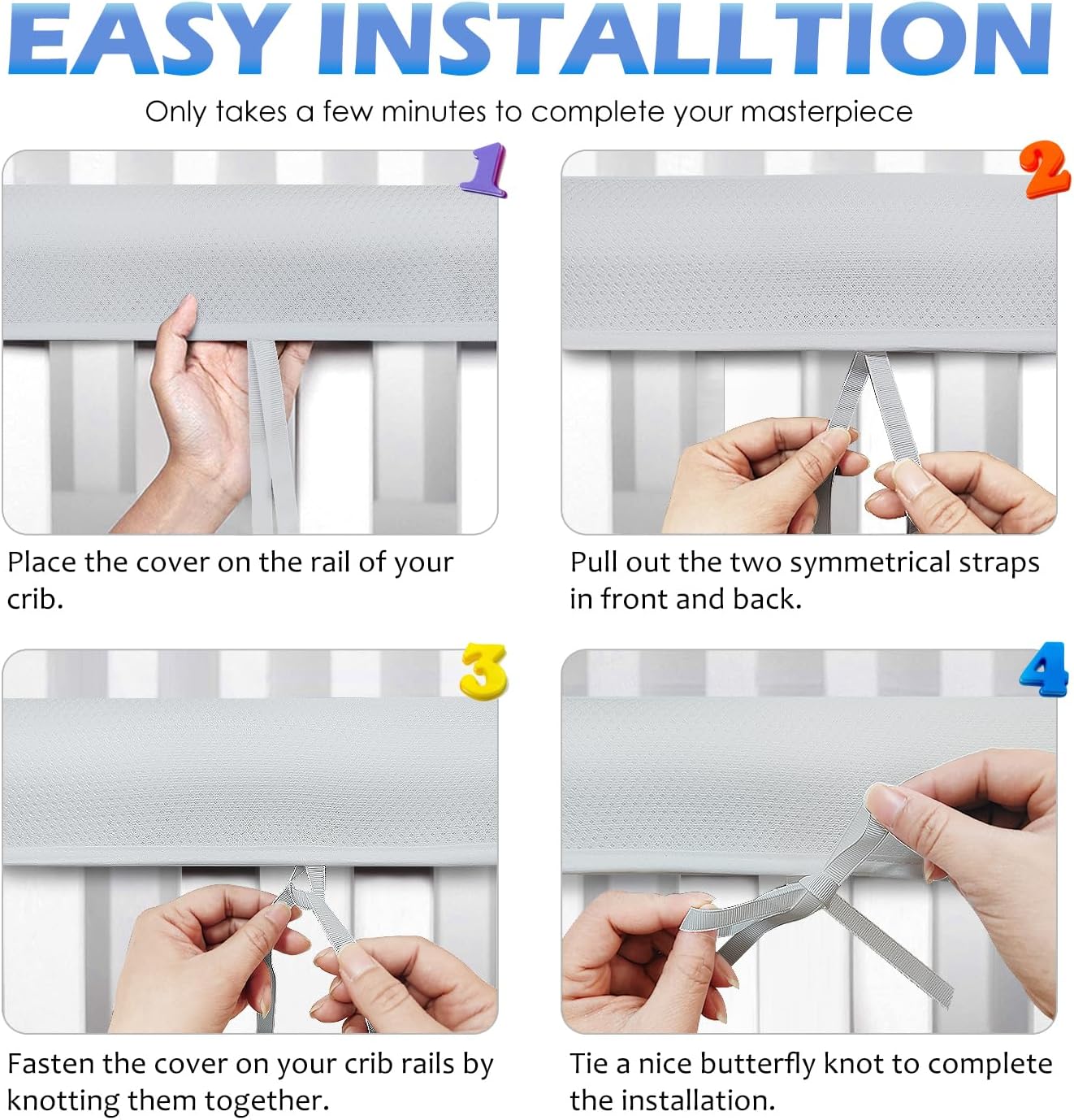 3 in 1Crib Mesh Liner for Life Size Cribs,White Soft Anti-Collision Strip Corner Covers,Protect Baby Teeth and Save Crib Rails, Rail Edge Protector Strip (Gray)