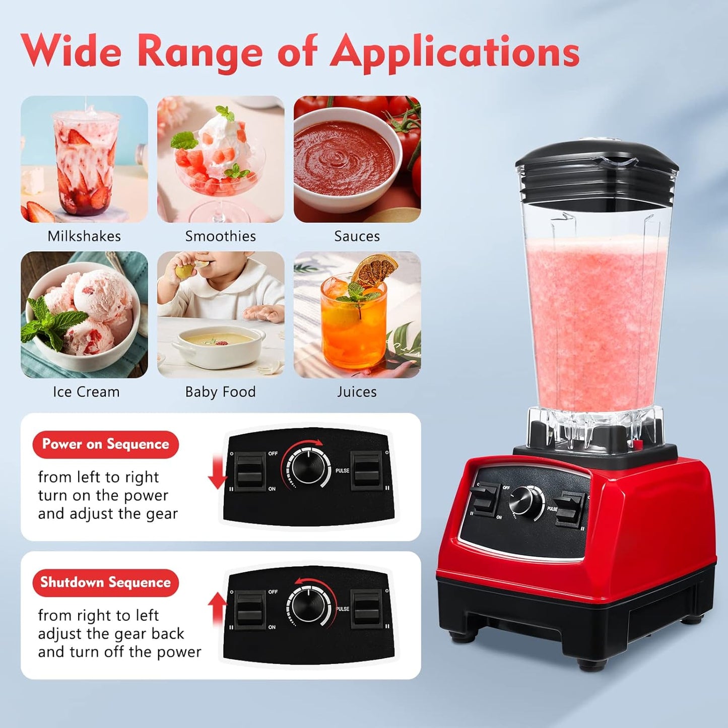 Blender 2L Automatic Smoothie Mixer Baby Food Blender 68oz Fruit Vegetables Juicer 2200W High-Speed Blender Tabletop Soundproof Milkshake Maker (Red)
