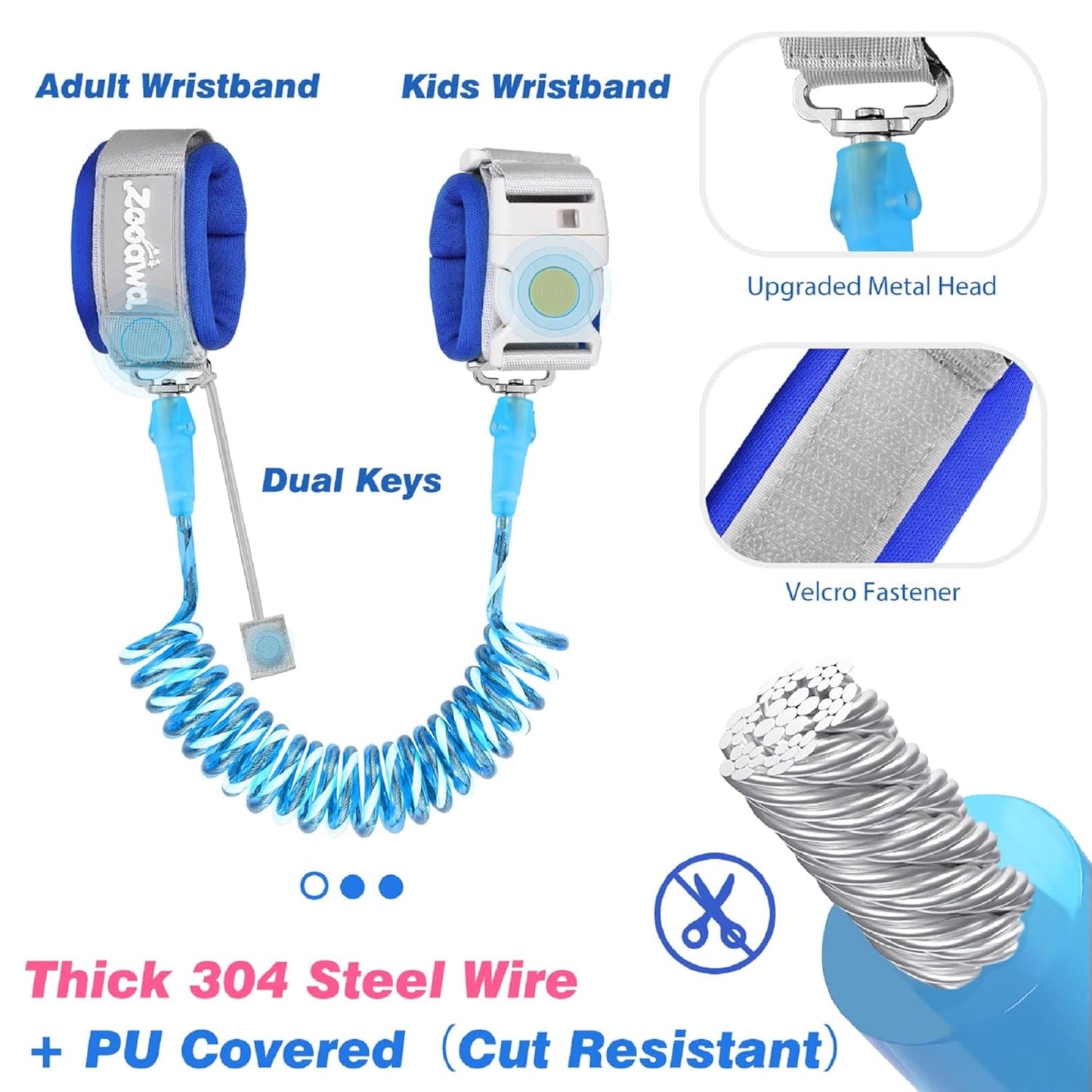 Zooawa Toddler Leash, Toddler Kids Harness Anti Lost Wrist Link with Magnetic Lock, Reflective Safety Baby Child Walking Wristband Leash for 2,3,4 Years Old Boys Girls, Blue