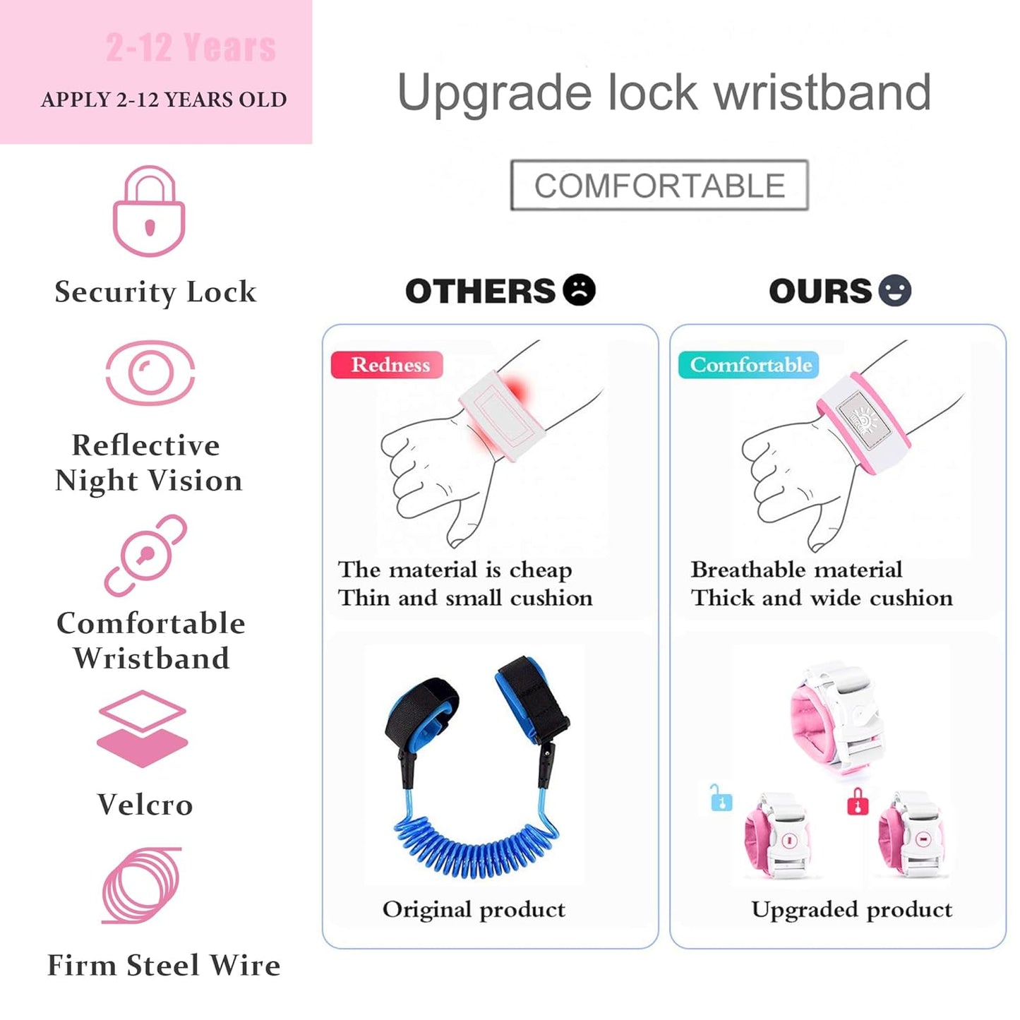 Toddler Harness Walking Leash- Child Anti Lost Wrist Link - Child Safety Harness - Upgrade with Reflective(6.5ft) - for Boys and Girls,Not Easy to Open Without Key (Pink)