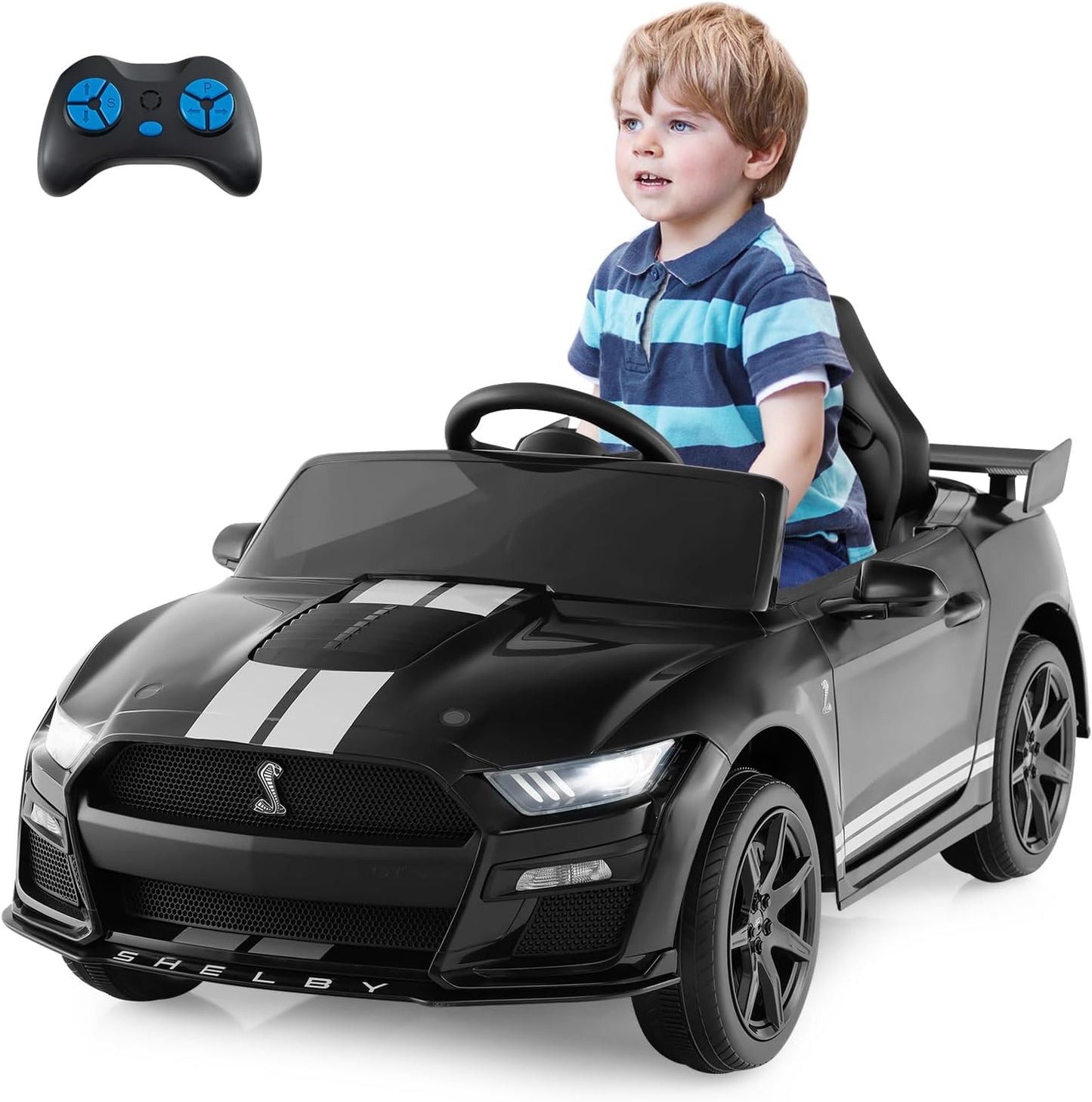 Costzon Ride on Car, 12V Licensed Ford Mustang Shelby GT500 Kids' Electric Vehicles w/Remote Control, USB Port, Radio, Music, Player, High Low Speed & Soft Start, Racing Kids Car for Toddler (Black)