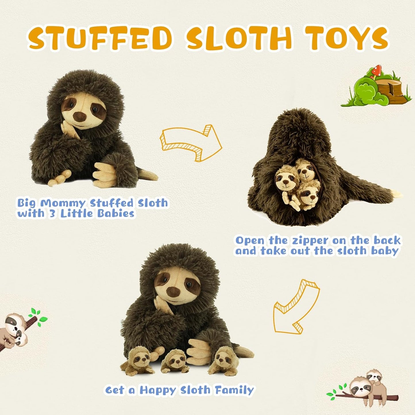 Sloth Plush Animal, 11.02" Cute Stuffed Sloth with 3 Baby Sloths, Easter Stuffed Sloth Animal, Washable Plush Toys, Cute Three Toed Sloth Birthday Gifts for Kids Boys and Girls, Brown