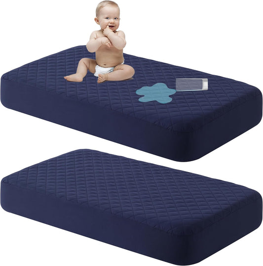 NTBAY 2 Pack Waterproof Crib Mattress Protector, Quilted 28"x52" Toddler Fitted Sheet - Machine Washable - Soft and Breathable Mattress Pad Cover for Crib, Nursery, Daycare, Cot, Navy Blue