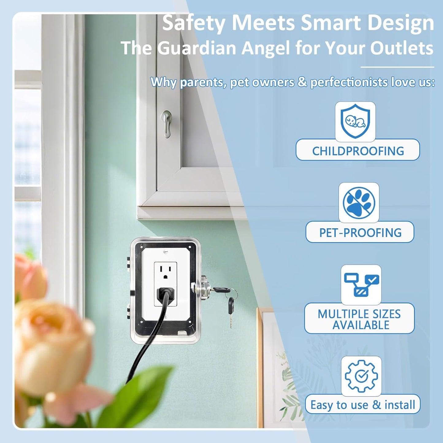 Child Proof Outlet Lock Box with 2 Durable Keys - Heavy Duty Safety Cover for Baby Proofing, Tool-Free Installation, More Space for Large Plugs Universal Fit Socket Protector (2 Pack, Black)