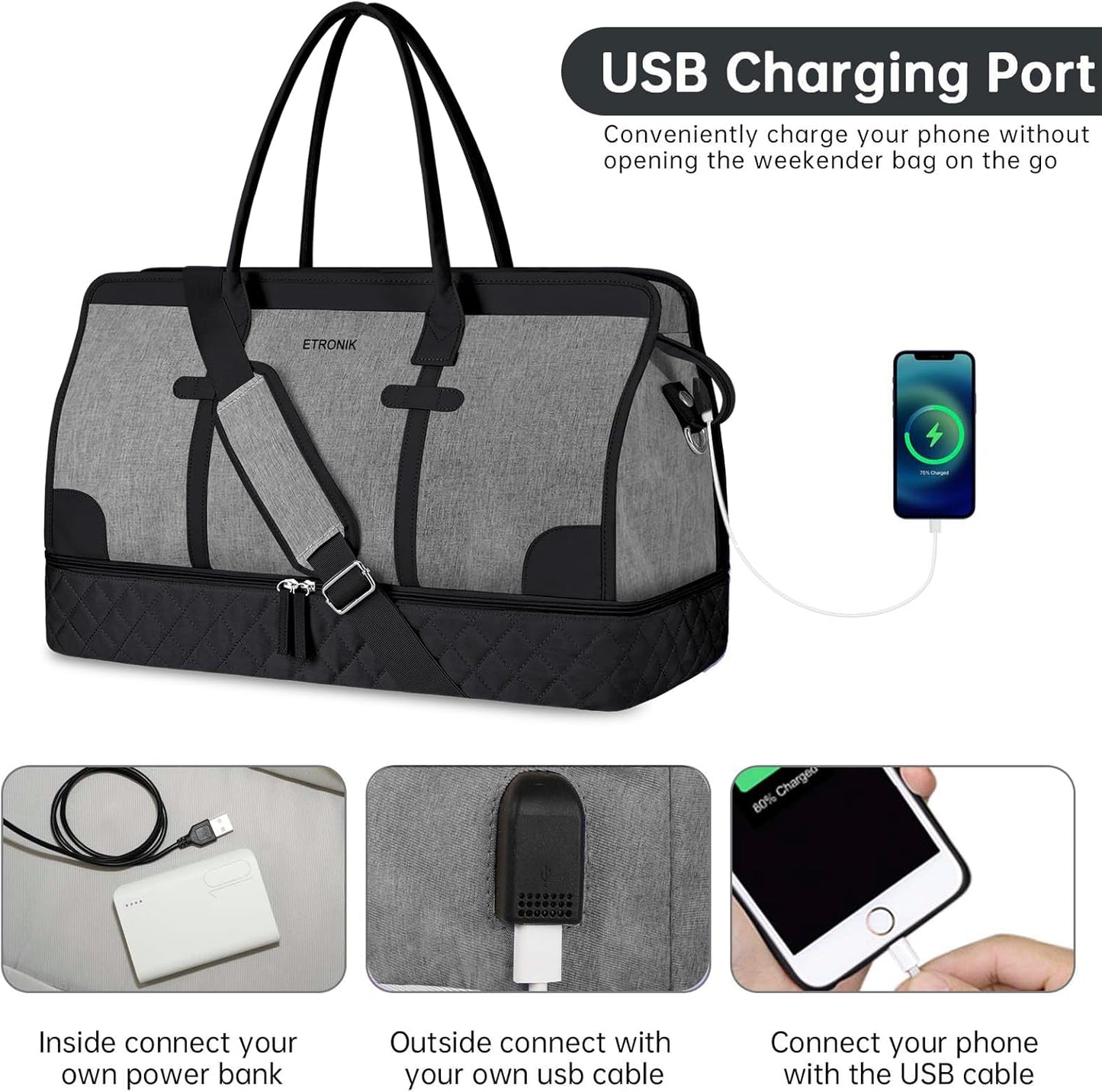 ETRONIK Weekender Overnight Bags for Women, Large Travel Duffle Bags with Shoe Compartment & Wet Pocket, Carry On Gym Bag with Toiletry Bags for Hospital 3 Pcs Set, Large Size, Black-Grey