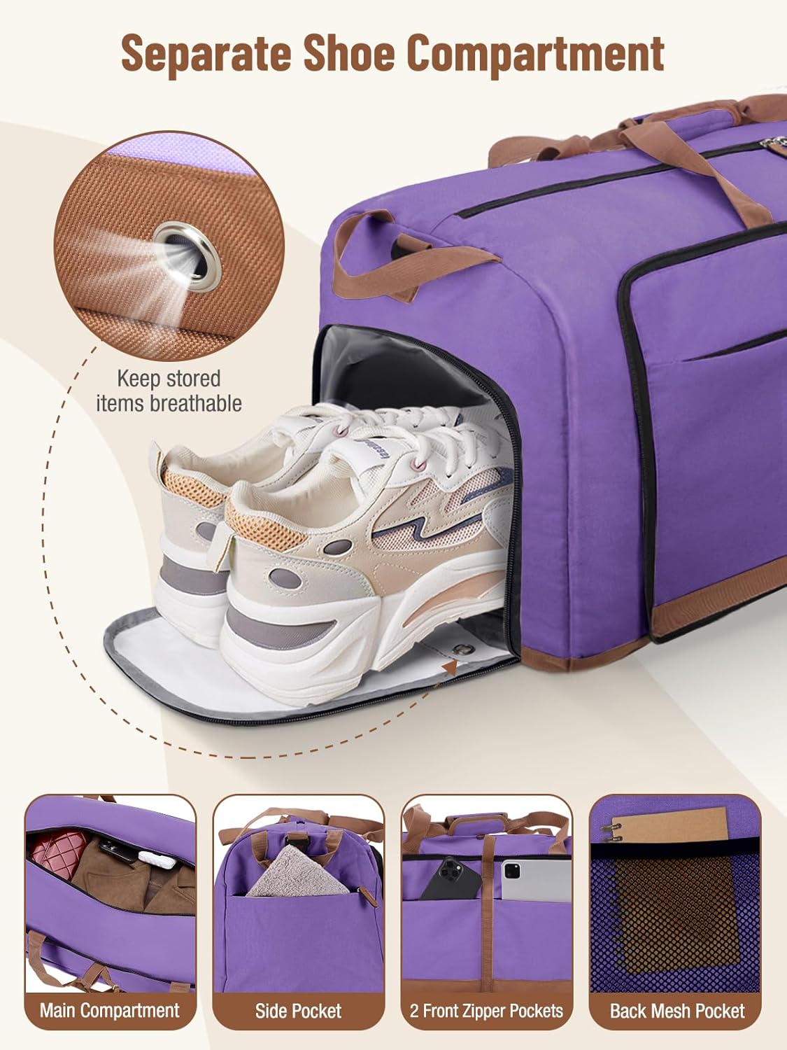 Lekesky Foldable Travel Duffel Bag for Women, 80L Large Duffle Bag with Separate Shoes Compartments & Straps, Carry On Weekend Bag for Women, Hospital, Overnight(Purple)