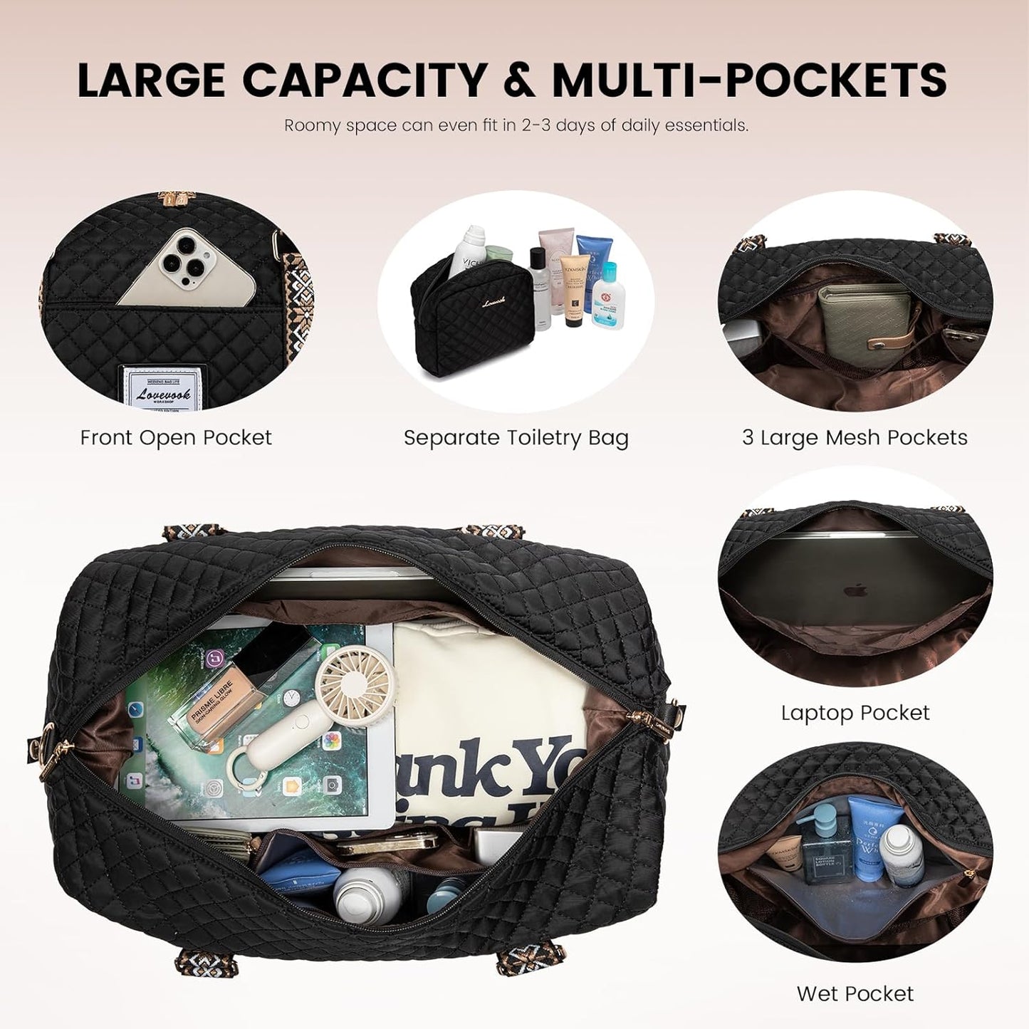 LOVEVOOK Travel Duffle Bag,Weekender Bags for Women with Shoe Compartment，Carry on Overnight Bag with Toiletry Bag,Gym Duffel Bag with Wet Pocket, Hospital Bags for Labor and Delivery