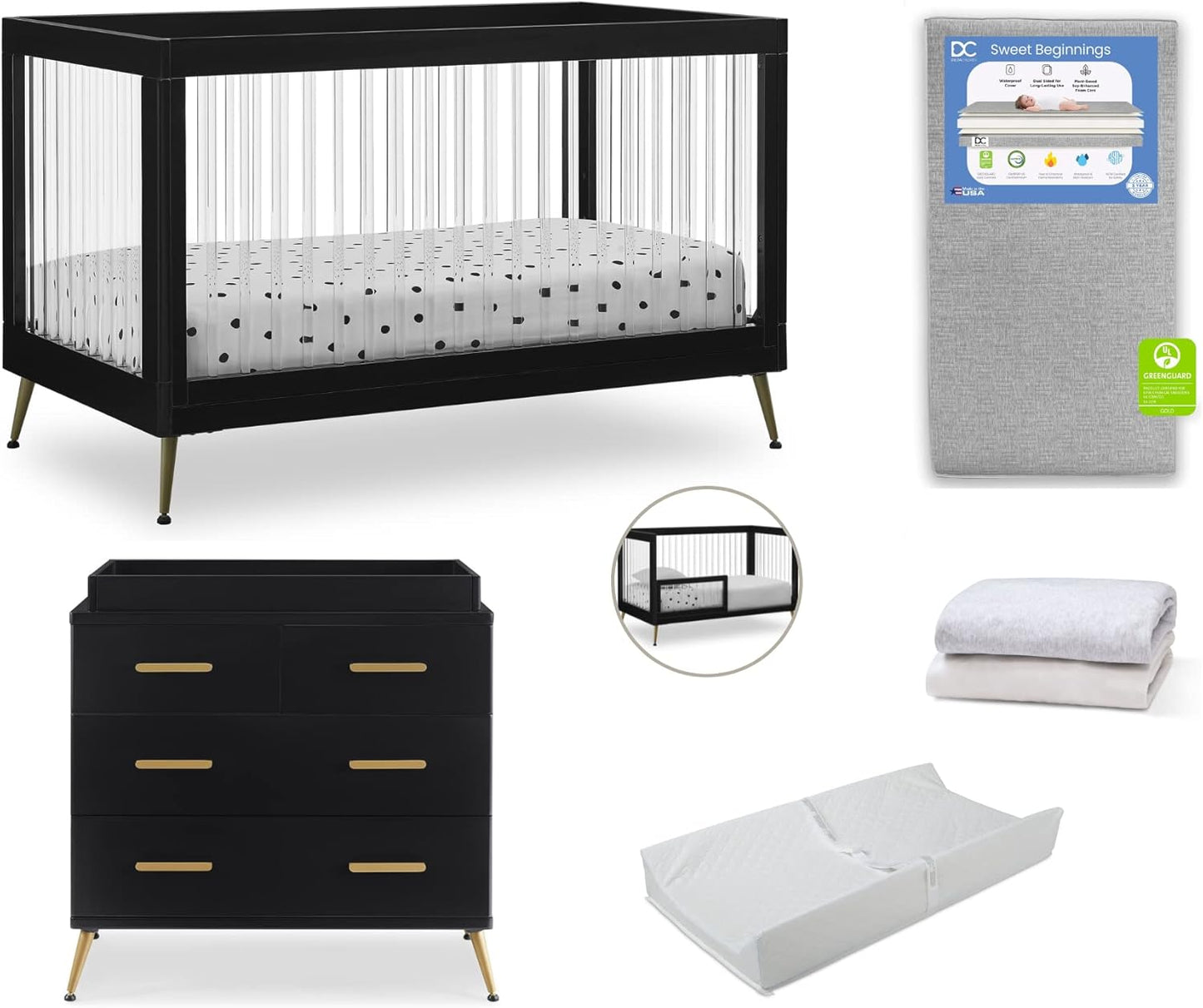 Delta Children Sloane Crib 7-Piece Baby Nursery Furniture Set–Includes: Convertible Crib, Dresser, Changing Top, Crib Mattress, Fitted Sheets, Toddler Guardrail & Changing Pad, Black w/Melted Bronze